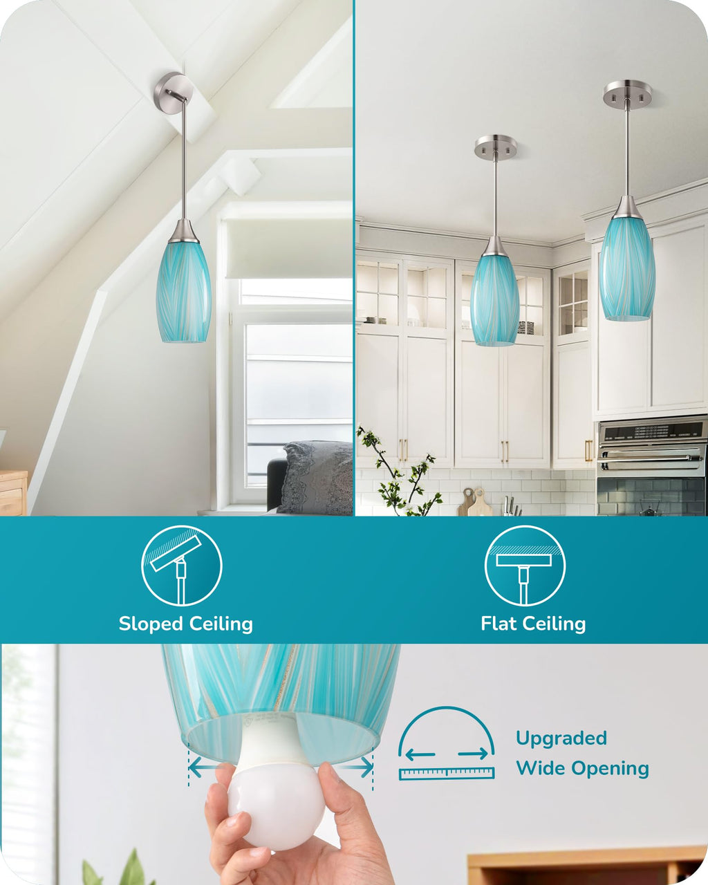 EDISHINE Pendant Light, Hand Blown Hanging Light Fixture, Adjustable Brushed Nickel Rods, 5.12" D x 11.4" H Shade, Blue Glass Pendant Lighting for Kitchen Island, Sink, Bathroom, Dining Room
