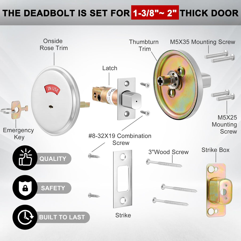 Tandefio 1 Pcs Vacant Occupied Bathroom Lock, in Use Deadbolt with Occupancy Indicator, 304 Stainless Steel, Fit Door Thickness 1 3/8" to 2", Not Adjustable, for Restaurants, Hotels, Offices (Black)