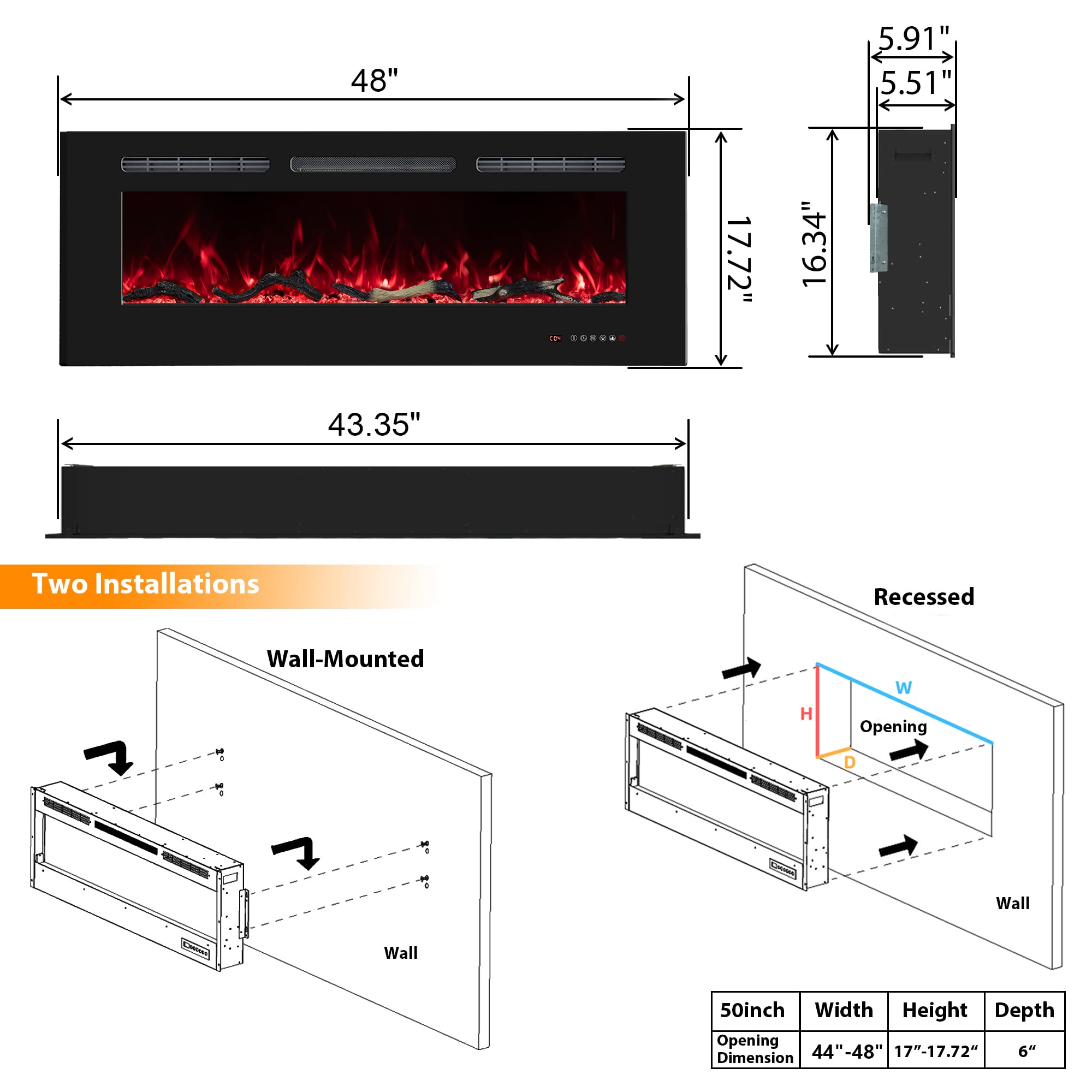 Electric Fireplace 30 inch Wide, Wall Mounted Fireplace Inserts Electric Heater, 13 * 13 Flame Effects Like Real Flame, Low Noise, Timer & Thermostat Setting, 750W/1500W, Black
