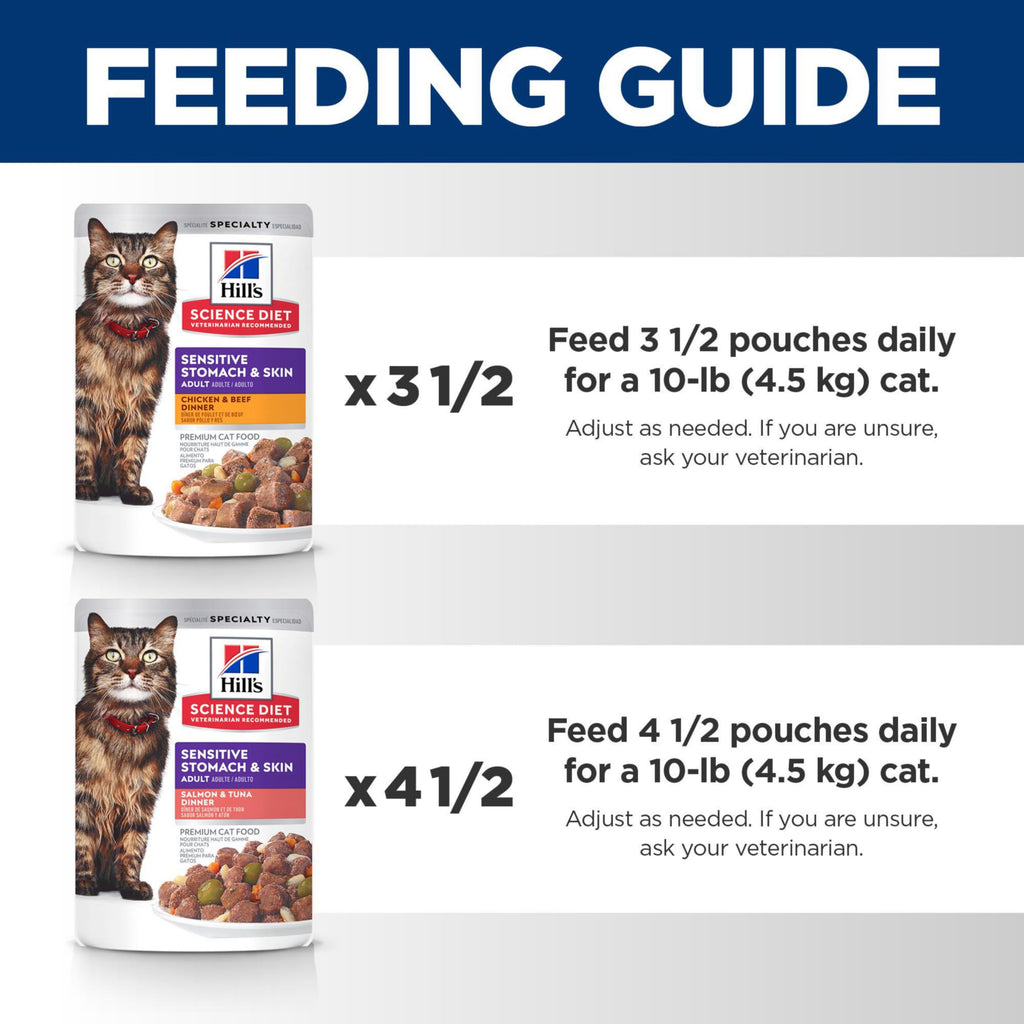 Hill's Science Diet Adult Sensitive Stomach & Skin Wet Cat Food, Chicken & Beef, 2.8 oz. Pouches, 24-Pack