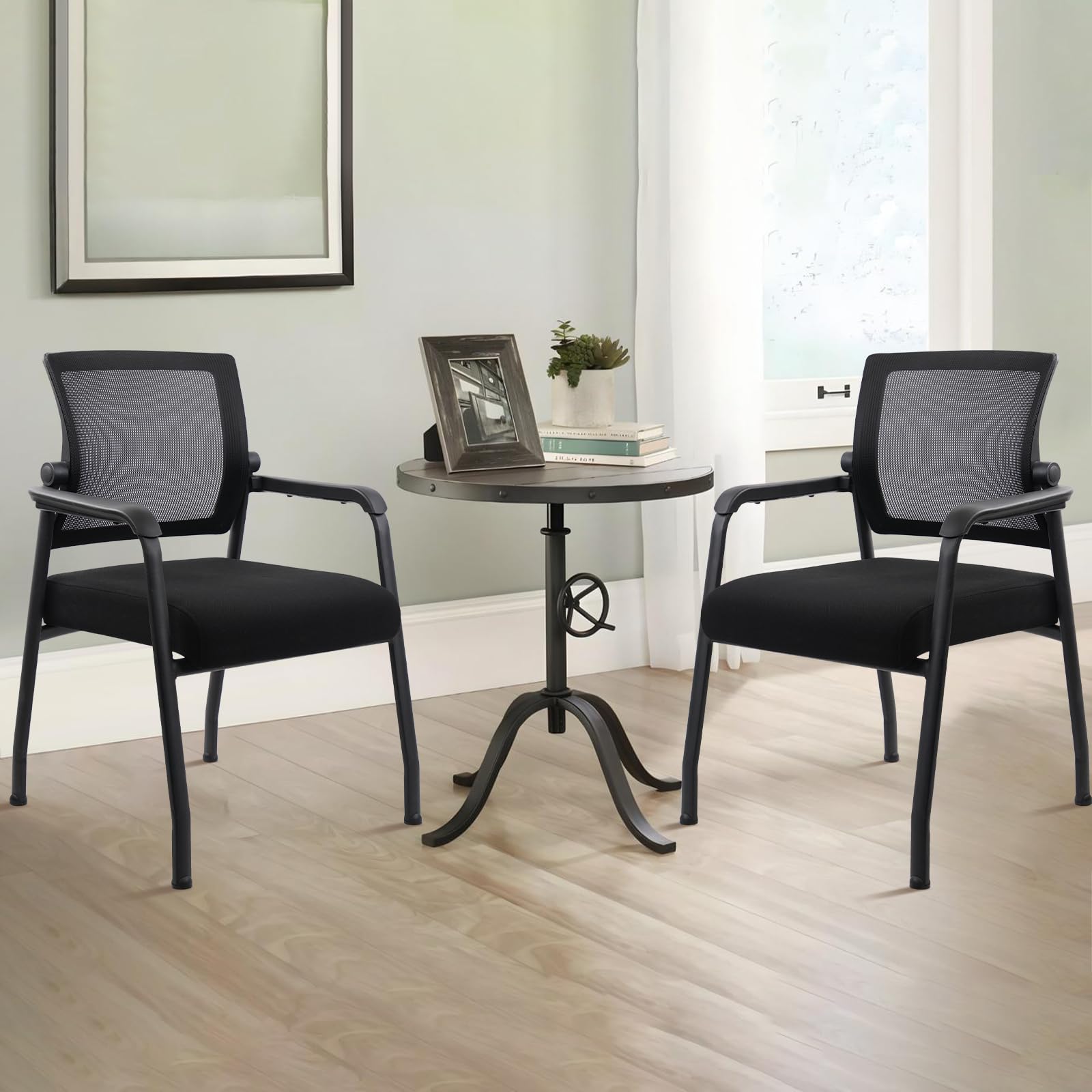 KLASIKA Desk Chair No Wheels with Adjustable Mesh Backrest, Arm Chair with Ergonomic Lumbar Support and Thickened Seats Cushion, Waiting Room Chairs for Office School Church Guest Reception