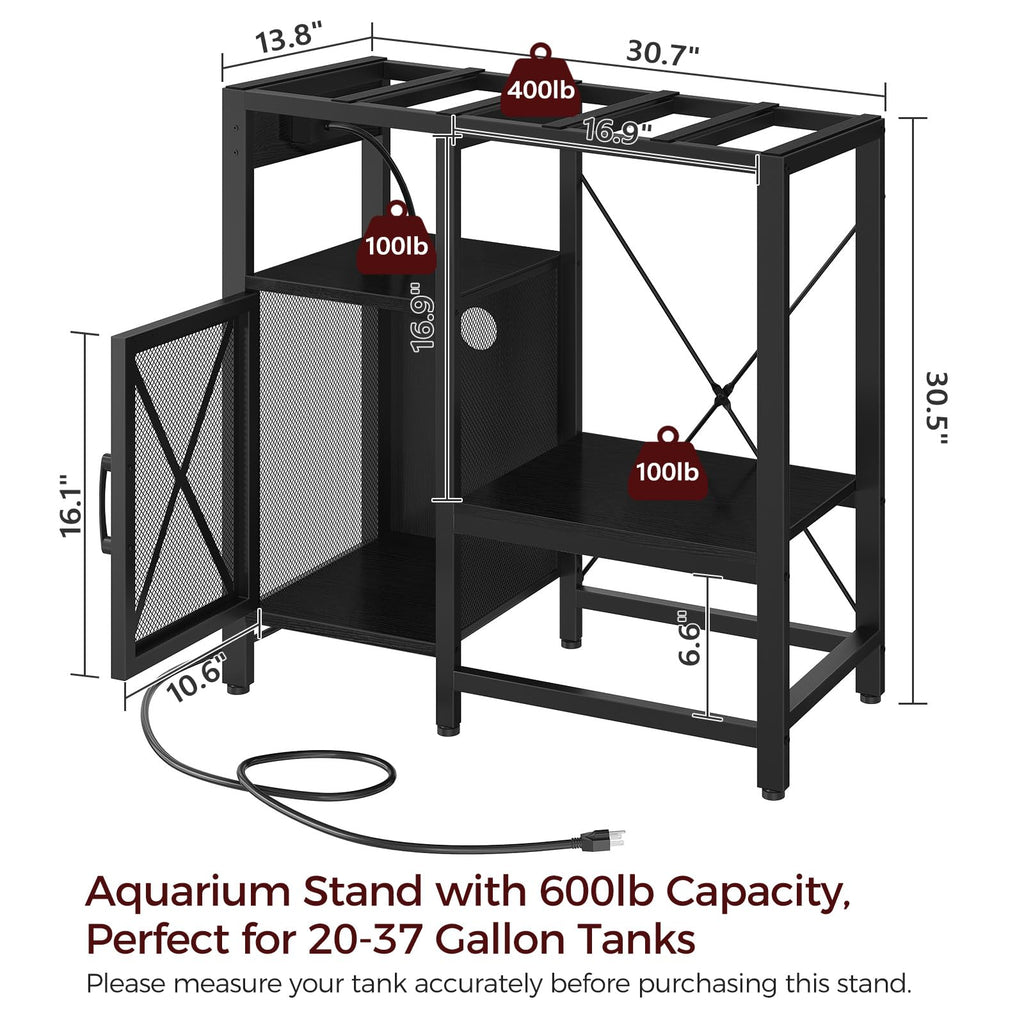 MAHANCRIS 20-37 Gallon Fish Tank Stand, Aquarium Stand with Power Outlet and Storage Cabinet, Heavy Duty Tank Stand Suitable for Turtle Tank, Reptile Terrarium, for Home Office, Black FTHB40E01