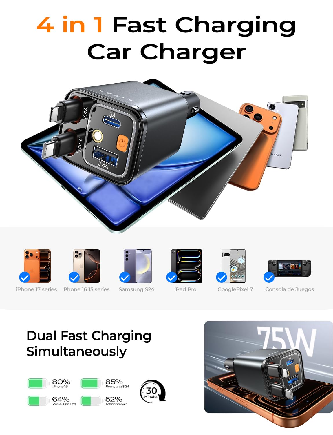 LISEN Retractable Car Charger, 84W Car Charger USB C Fast Charger Adapter for iPhone, Car Accessories for Men Women, Birthday Gifts for Fathers Day for Men Dad Husband, for iPhone 17 16 15 14 13 12 11