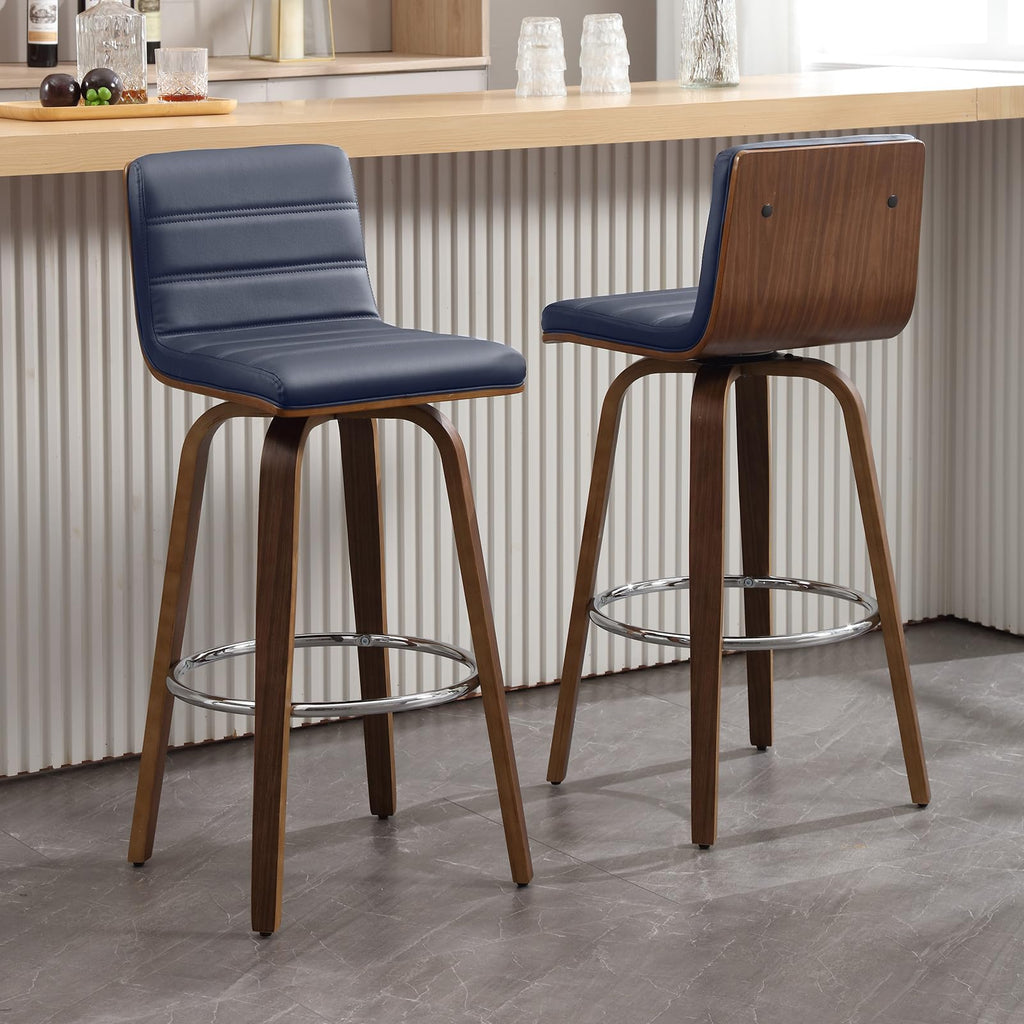 Bar Stools 29 Inch Bar Height, Swivel Bar Stools with Backs Upholstered PU Leather Barstool, L Shape Back and Padded Seat, Mid-Century Modern Bar Stool Pub Chairs for Kitchen Counter Island, Black