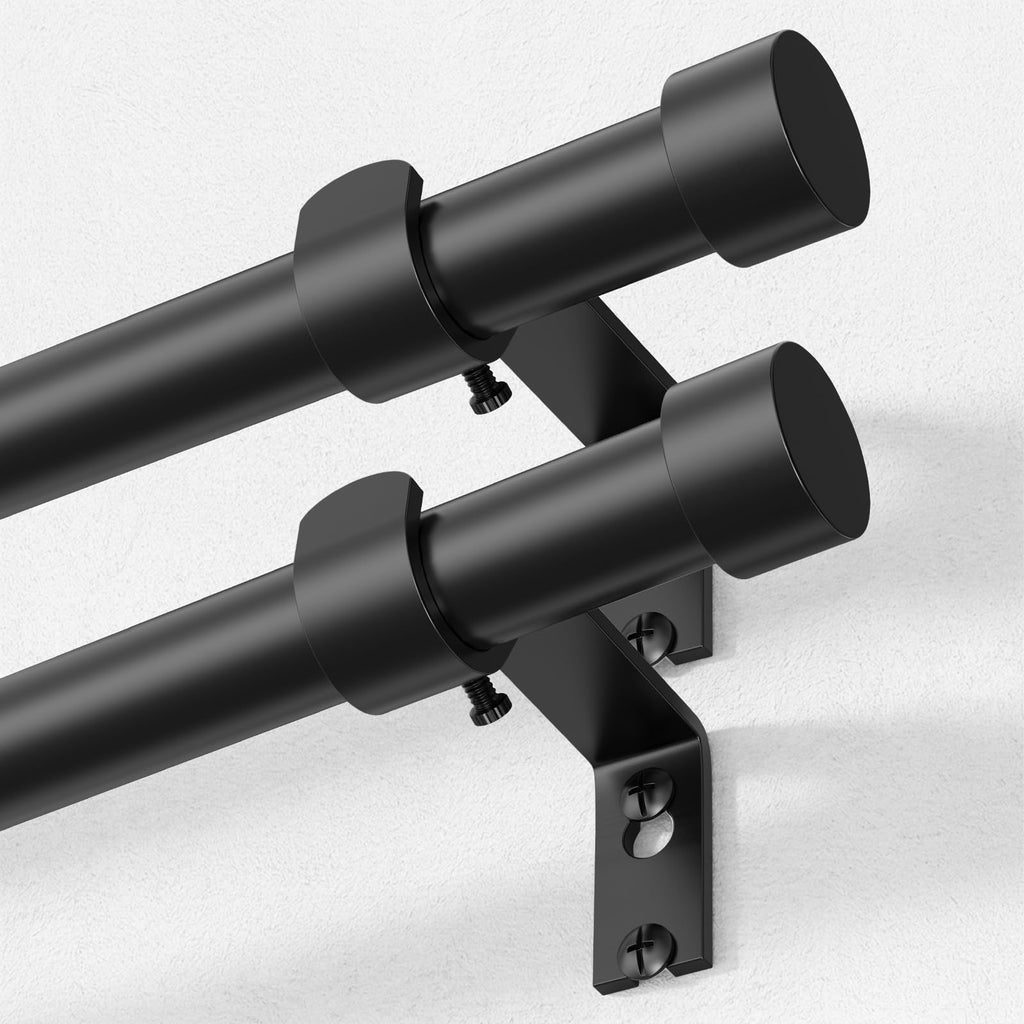 OLV Black Curtain Rod 36 to 45 Inch, 1 Inch Adjustable Modern Curtain Rods for Windows, Decorative Heavy Duty Window Treatment Rods with End Cap Finials, Telescopic Splicing Drapery Pole, Easy Install