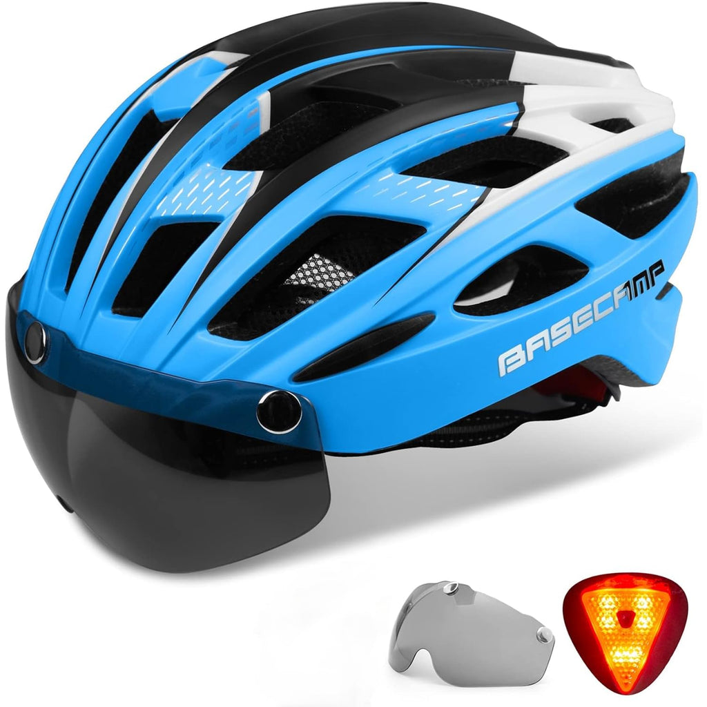 Bike Helmet, Basecamp Bicycle Helmet with Rear Light & Detachable Magnetic Goggles Lightweight Cycling Helmet Adjustable for Adult Men Women Mountain & Road (BC-069)
