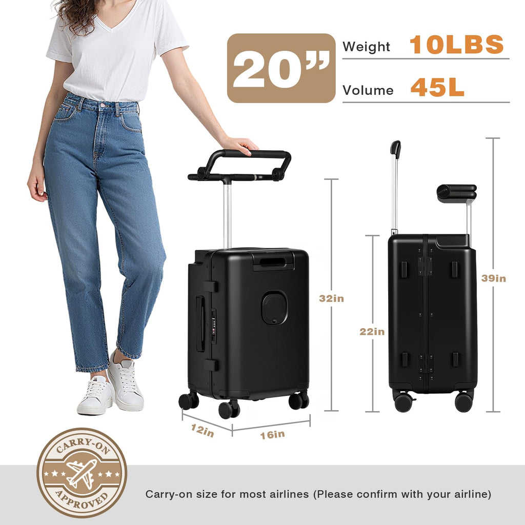 smilesun 20" Carry On Luggage with Seat For Kids & Adults，Hardside Ride On Suitcase Front Opening with 360°Spinner and TSA Lock For Travel (Black with Front Open, 20")