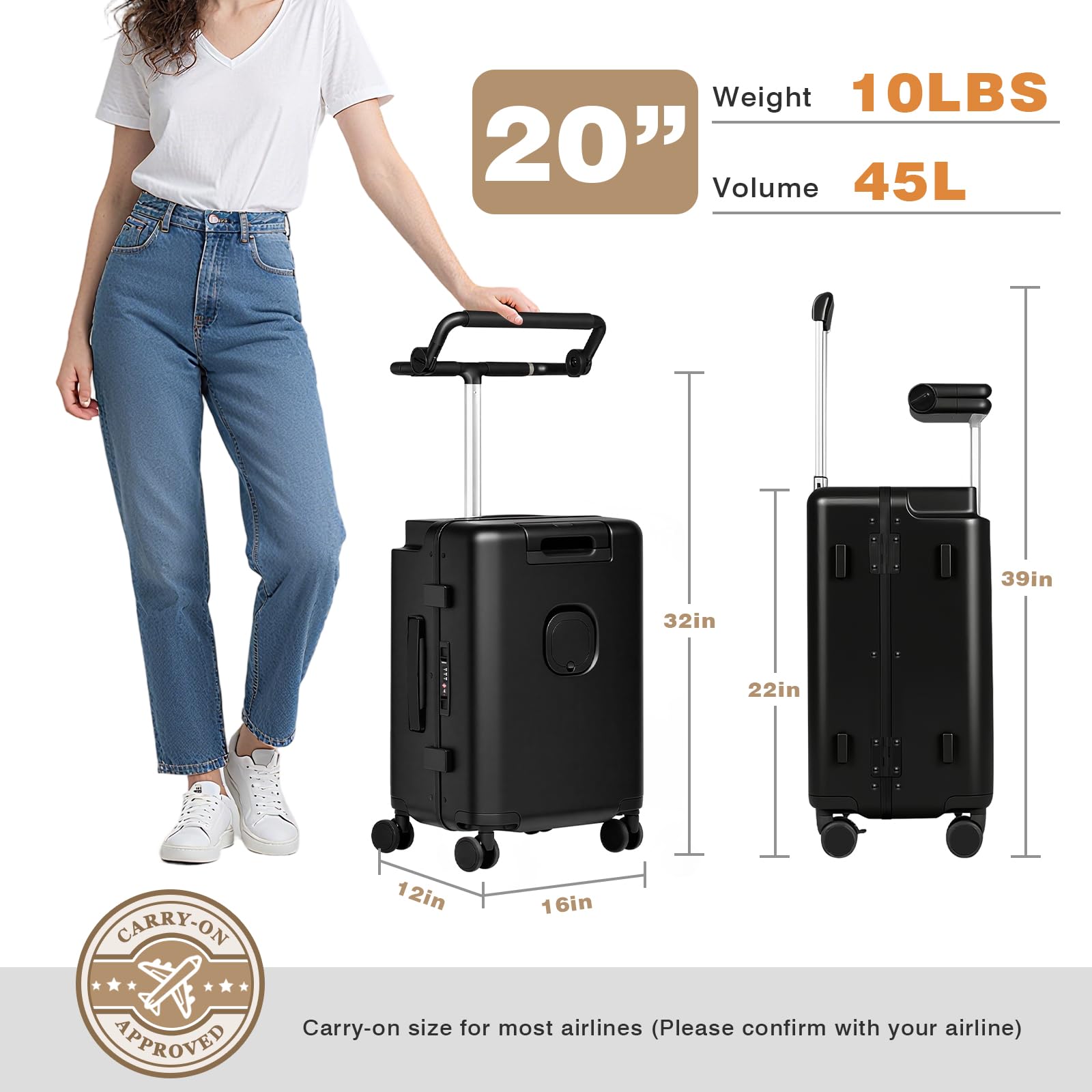 smilesun 20" Carry On Luggage with Seat For Kids & Adults，Hardside Ride On Suitcase Front Opening with 360°Spinner and TSA Lock For Travel (Black with Front Open, 20")