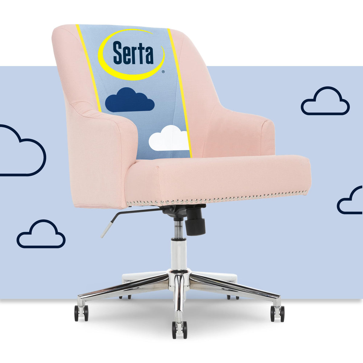 Serta Scarlett Modern Office Chair, Pleated and Curved Mid-Back Desk Chair, Pocket Coil Seat Cushion, Padded Armrests, Vanity Armchair with Wheels, Swivel Gold Base, Beige Velvet Fabric