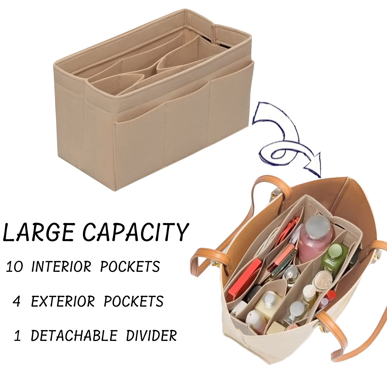 DailyPlus Purse Organizer Insert Felt Bag Organizer Handbag Organizer Insert Bag In Bag Organizer for Tote Purse Bag 14 Pockets Beige Small