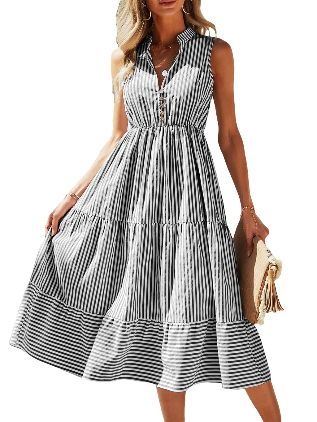 Floerns Women's Striped Print Notched Neck Sleeveless Ruffle A Line Midi Dress