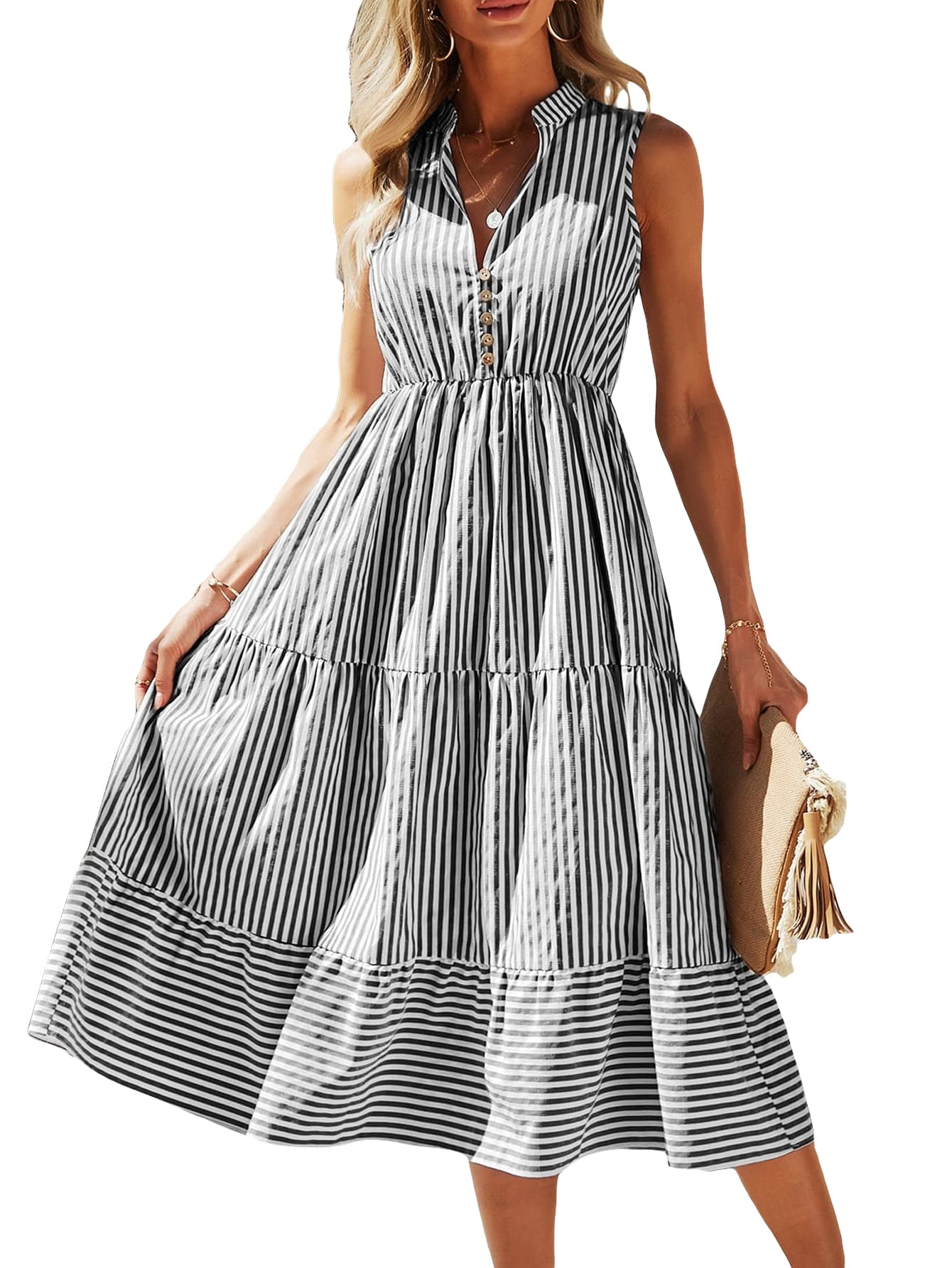 Floerns Women's Striped Print Notched Neck Sleeveless Ruffle A Line Midi Dress
