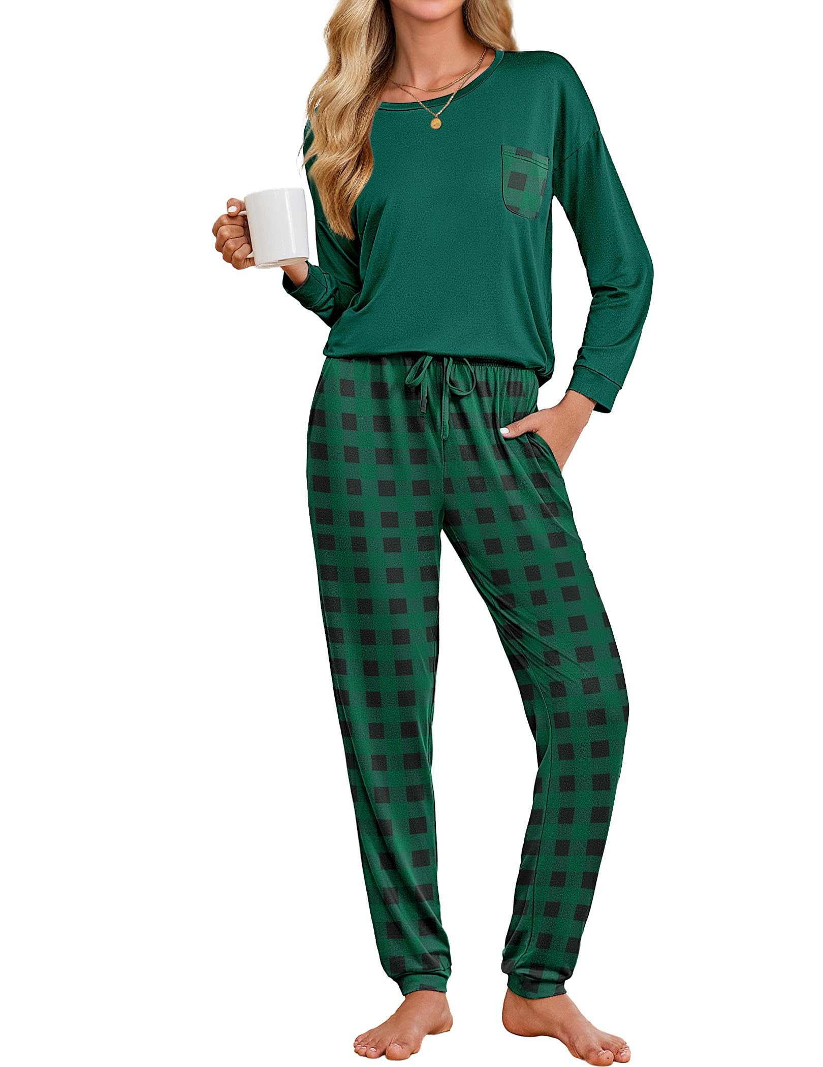 Ekouaer Womens Pajamas Set Long Sleeve Christmas PJ Sets Soft Lounge Set for Women Sleepwear Joggers with Pockets