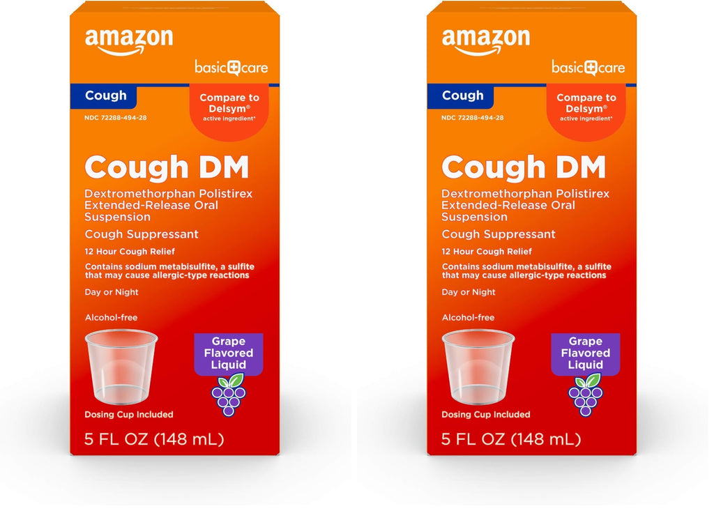 Amazon Basic Care 12 Hour Cough DM Syrup, Extended-Release Dextromethorphan, Grape Flavor Cough Medicine, 5 fl oz (1-Pack)