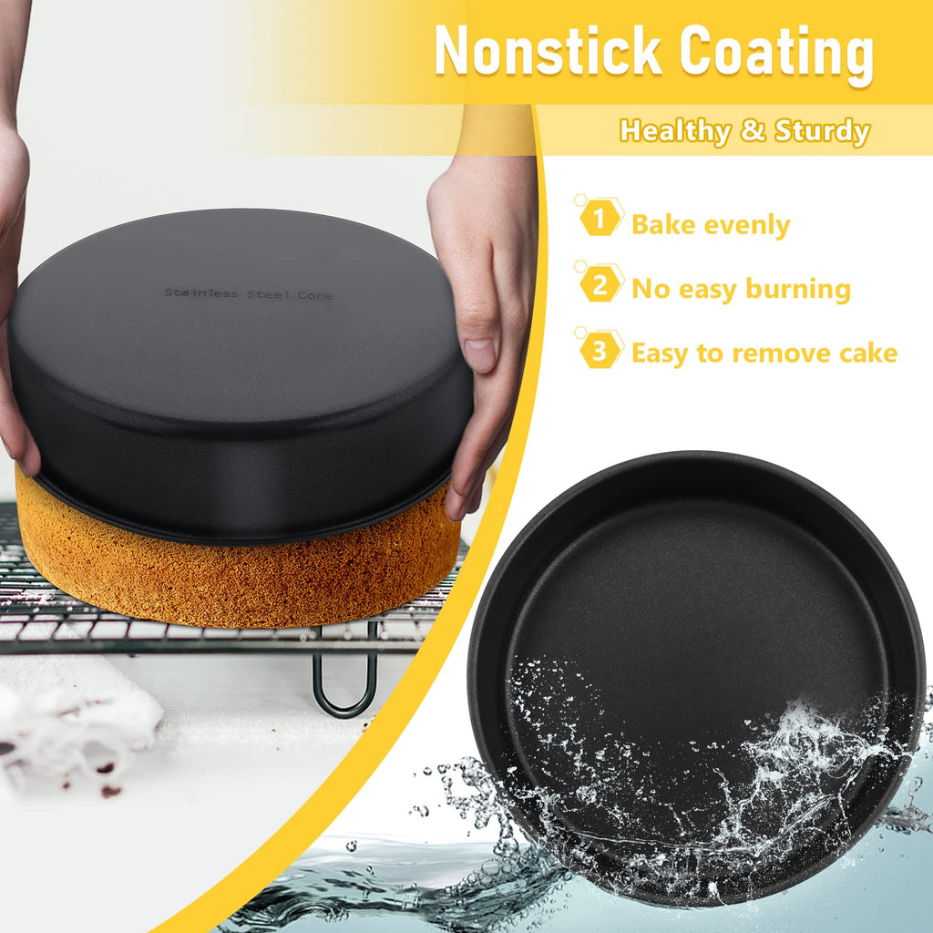 E-far 4 Inch Cake Pan Set of 3, Nonstick Stainless Steel Mini Round Cake Pans Tin, Small Size for Baking Smash Cakes/Cheesecake, Stainless Steel Core & Non-toxic Coating, Straight Side & 2 Inch Deep