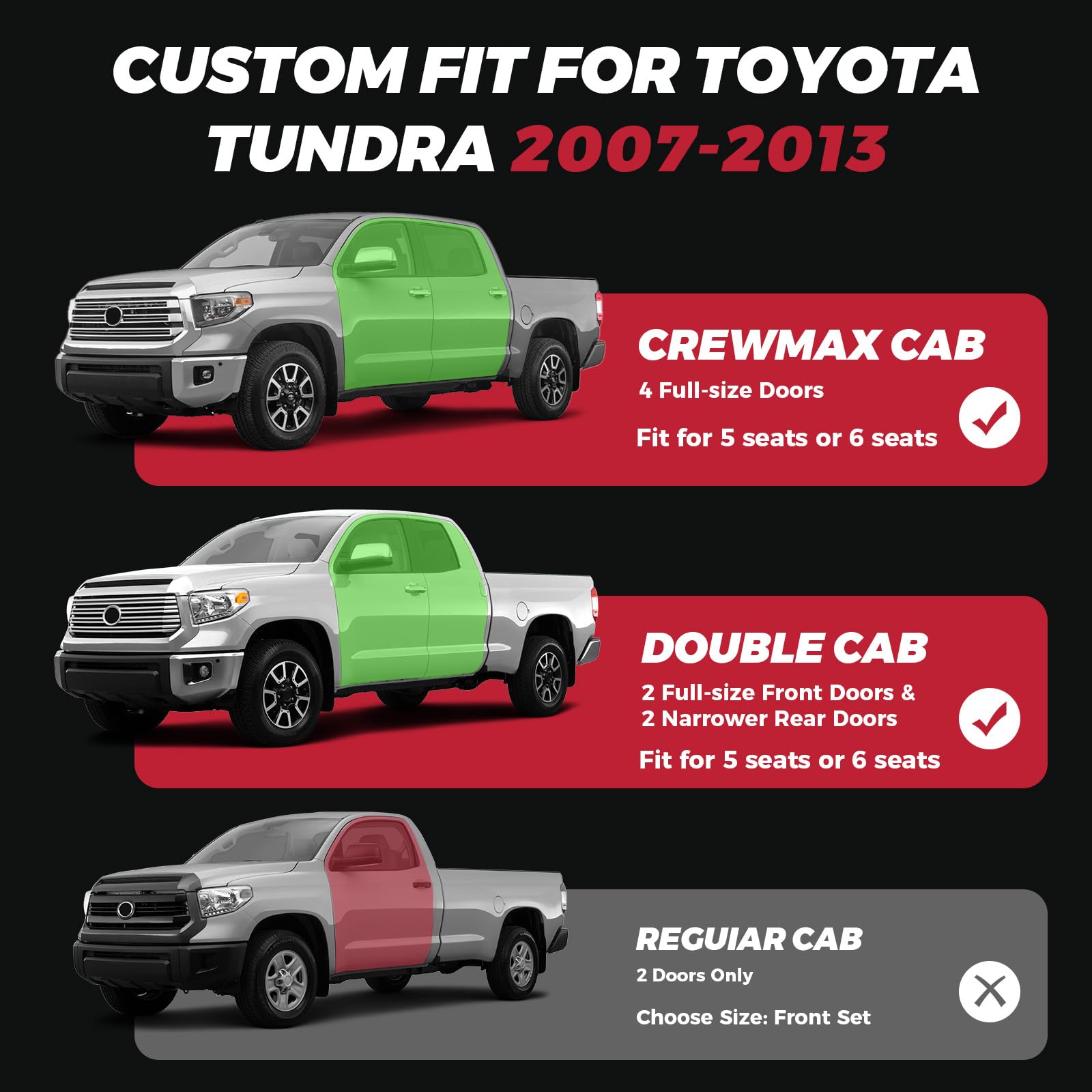 FREESOO Tundra Seat Covers 2007-2013, Fit for Toyota Tundra Crewmax Cab 5 Seats, Custom Truck Seat Covers with Waterproof Faux Leather Black