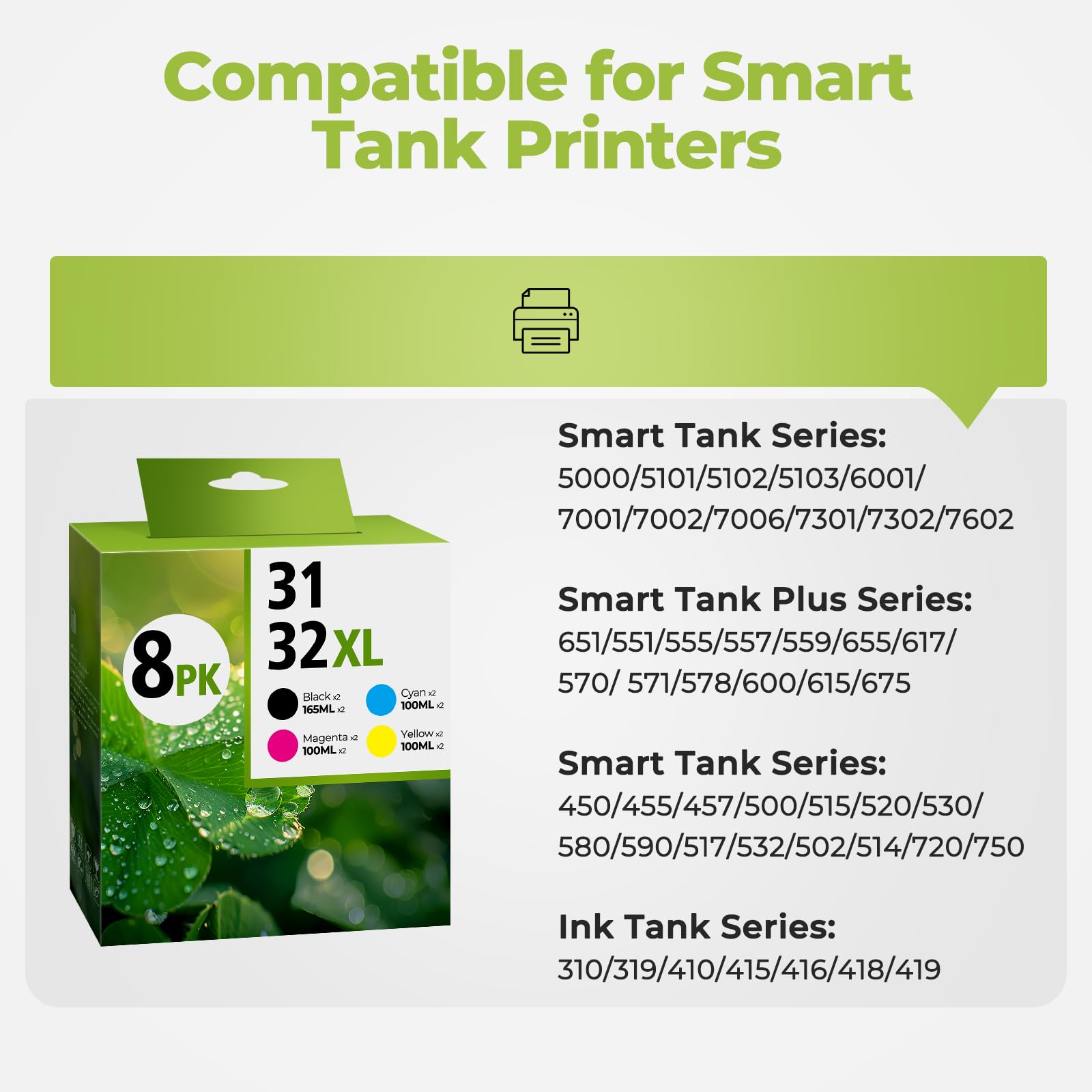 31 Ink 32XL Black Ink Bottle Set, Smart Tank 5101 7602 6001 5000 Refill Compatible with HP 31 32XL Ink Bottles Set for Smart Tank 651 5101 5000 7602 5103 6001 7301 7001 7302 5102 7002 7006 Printers