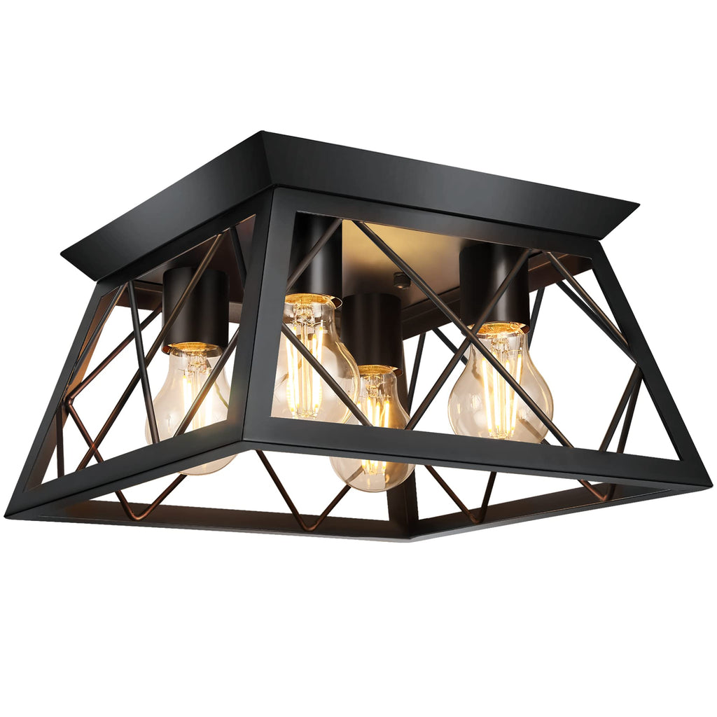 FadimiKoo 2-Light Black Flush Mount Ceiling Light Fixture, Industrial Hallway Light Fixtures Ceiling Mount for Farmhouse Kitchen, Square Cage Ceiling Lamp for Dining Room, Living Room, Entryway