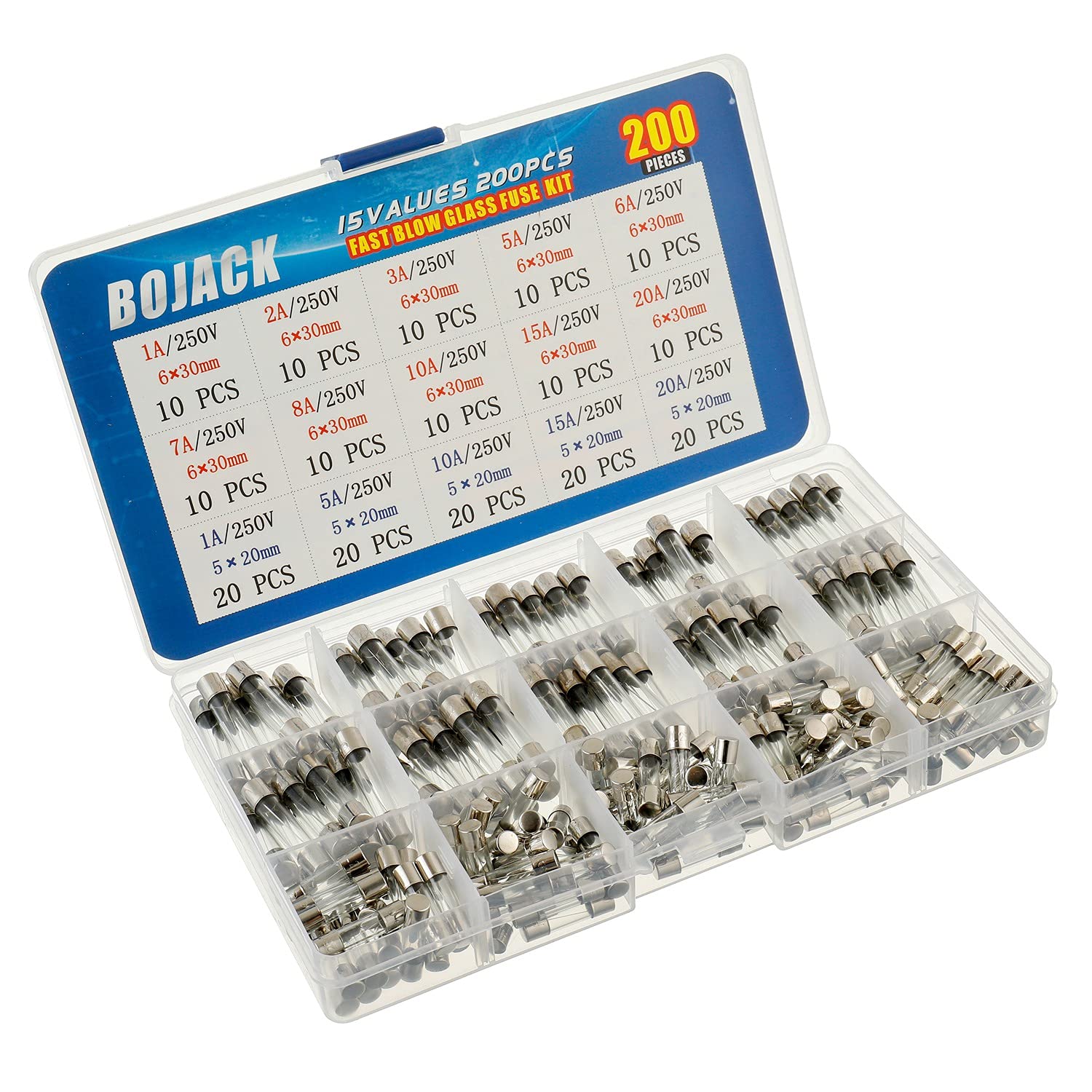 BOJACK 15 Values 200 pcs Fast-Blow Glass Fuses Assortment Kit 5x20mm 250V 1 5 10 15 20A 6x30mm 250V 1 2 3 5 6 7 8 10 15 20A amp packag in a Clear Plastic Box