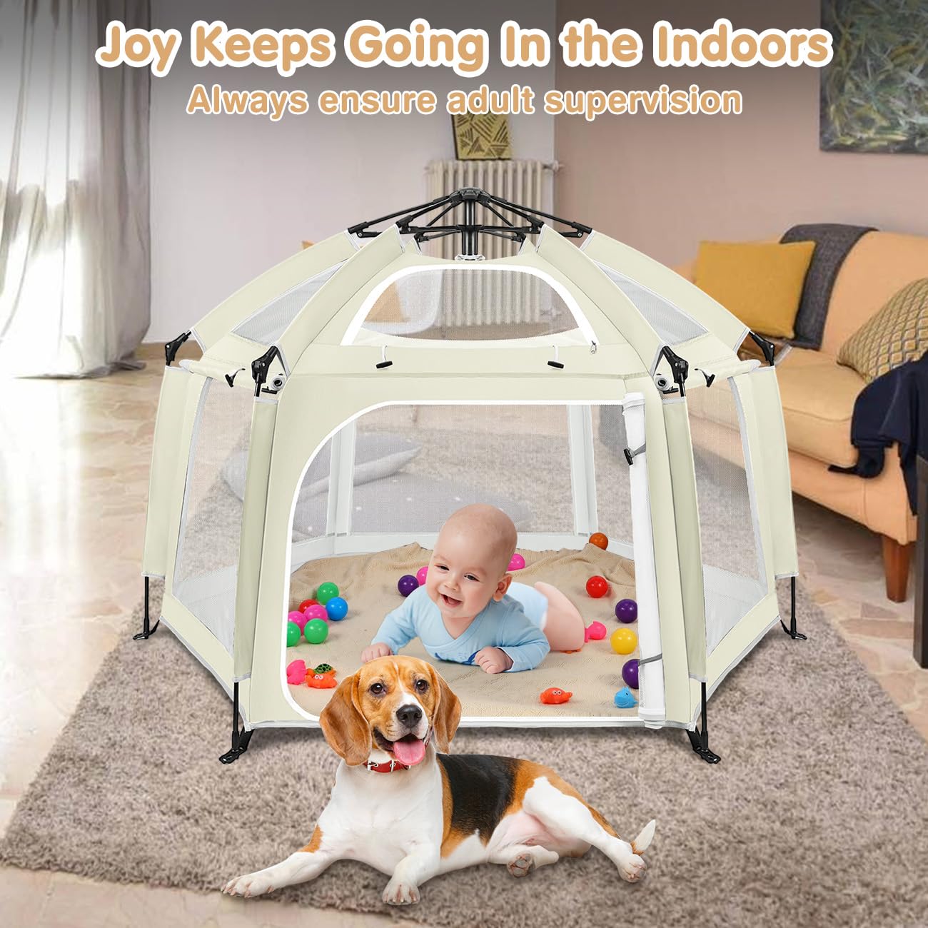Pop Up Playpen for Baby, Portable Playpen for Babies and Toddlers with Removable Sun-Shades& 2 Side UV Covers, Lightweight Outdoor Baby Play-Pen for Beach Home with Travel Bag, Beige