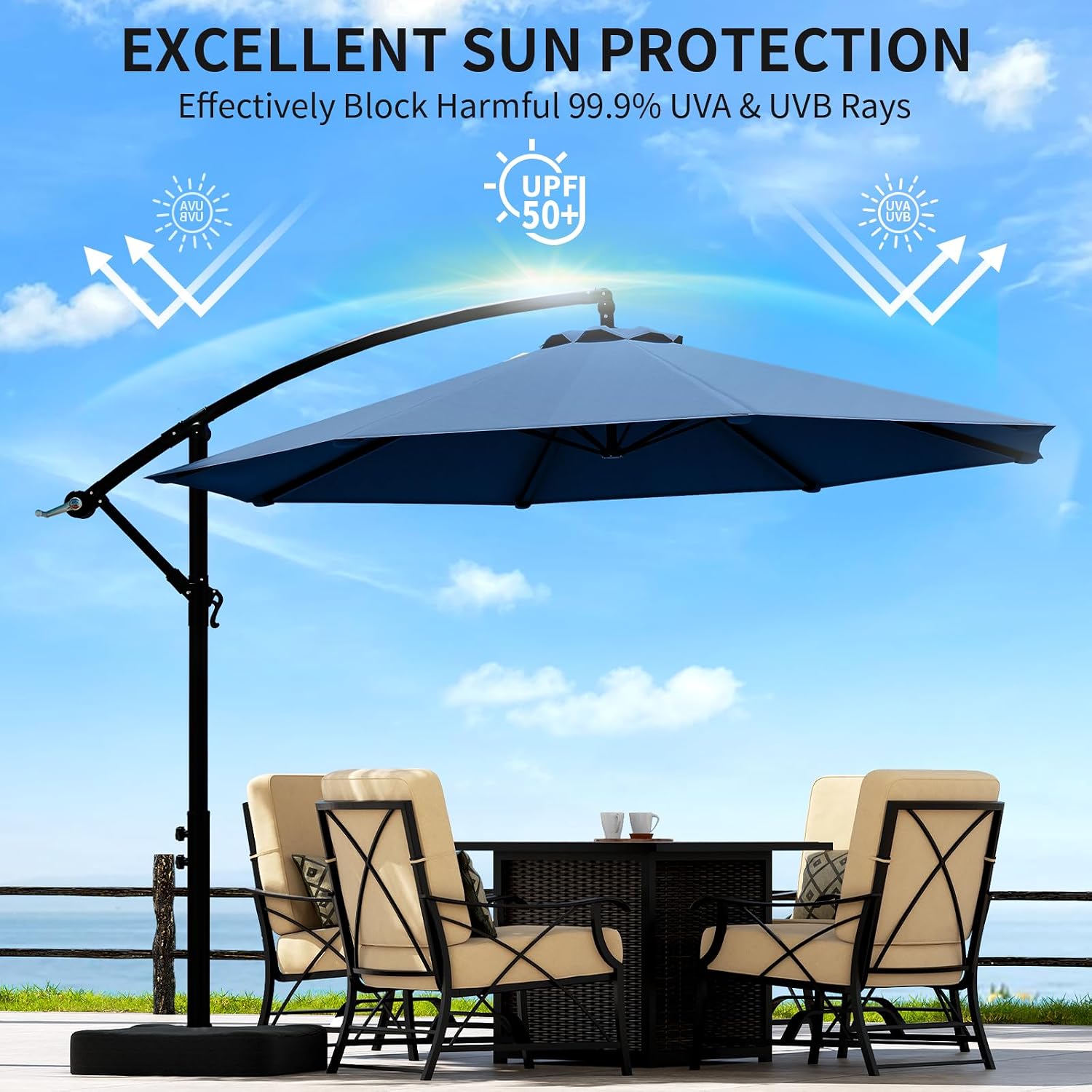 OLILAWN 10ft Patio Umbrella with Base Included, Outdoor Offset Cantilever Umbrella w/Upgraded Yarn-dyed Fabric Shade, Sturdy 8 Rids, Easy Tilt Adjustment, for Pool Deck Porch Backyard Garden,Navy Blue