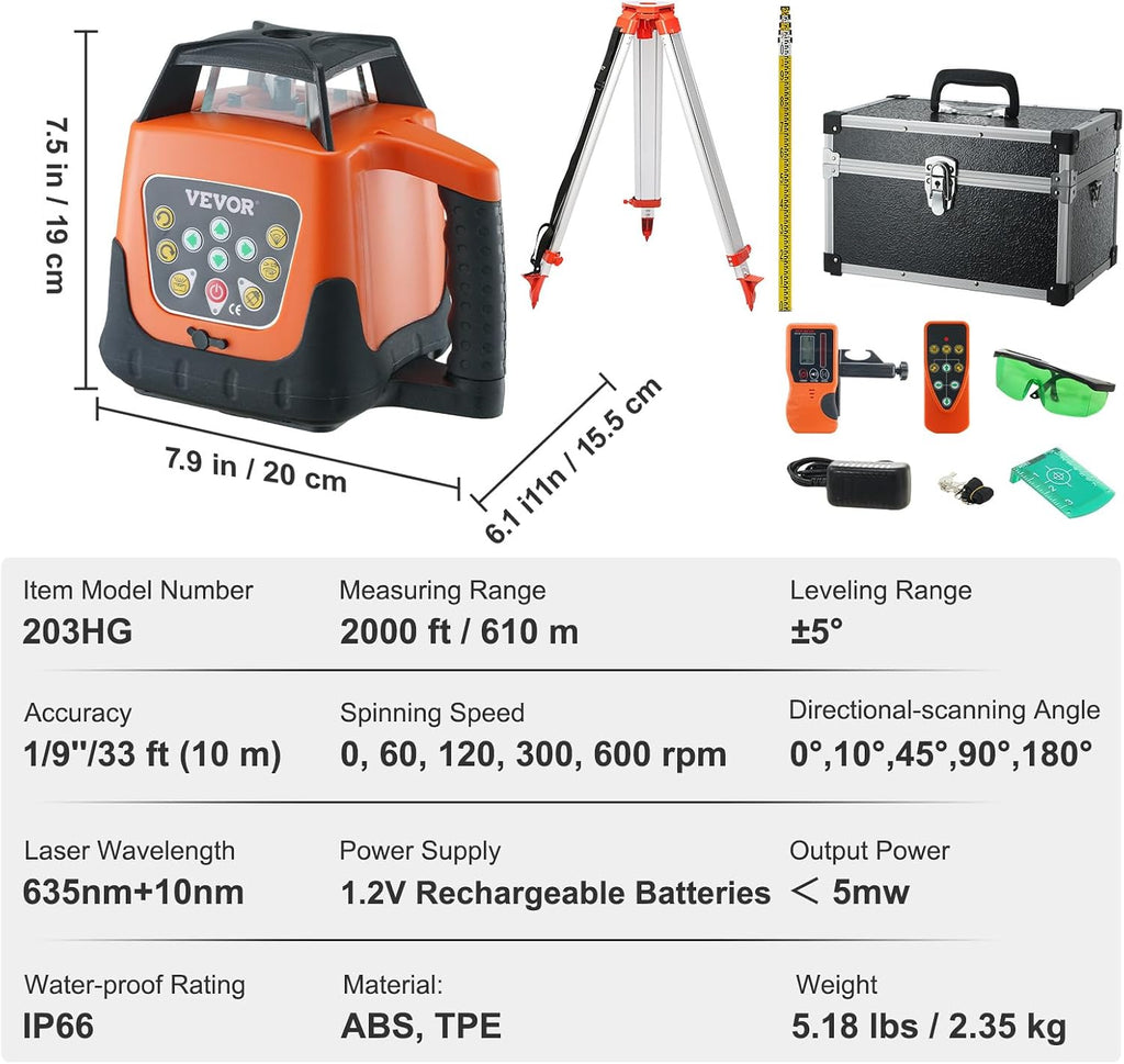 VEVOR Green Rotary Laser Level 2000ft, 360 Degree Self Leveling Laser Level Kit,with Surveying Tripod & 5m Staff, IP66 Waterproof Remote Control, 5 Rotation Speeds (Ship in Three Packages)