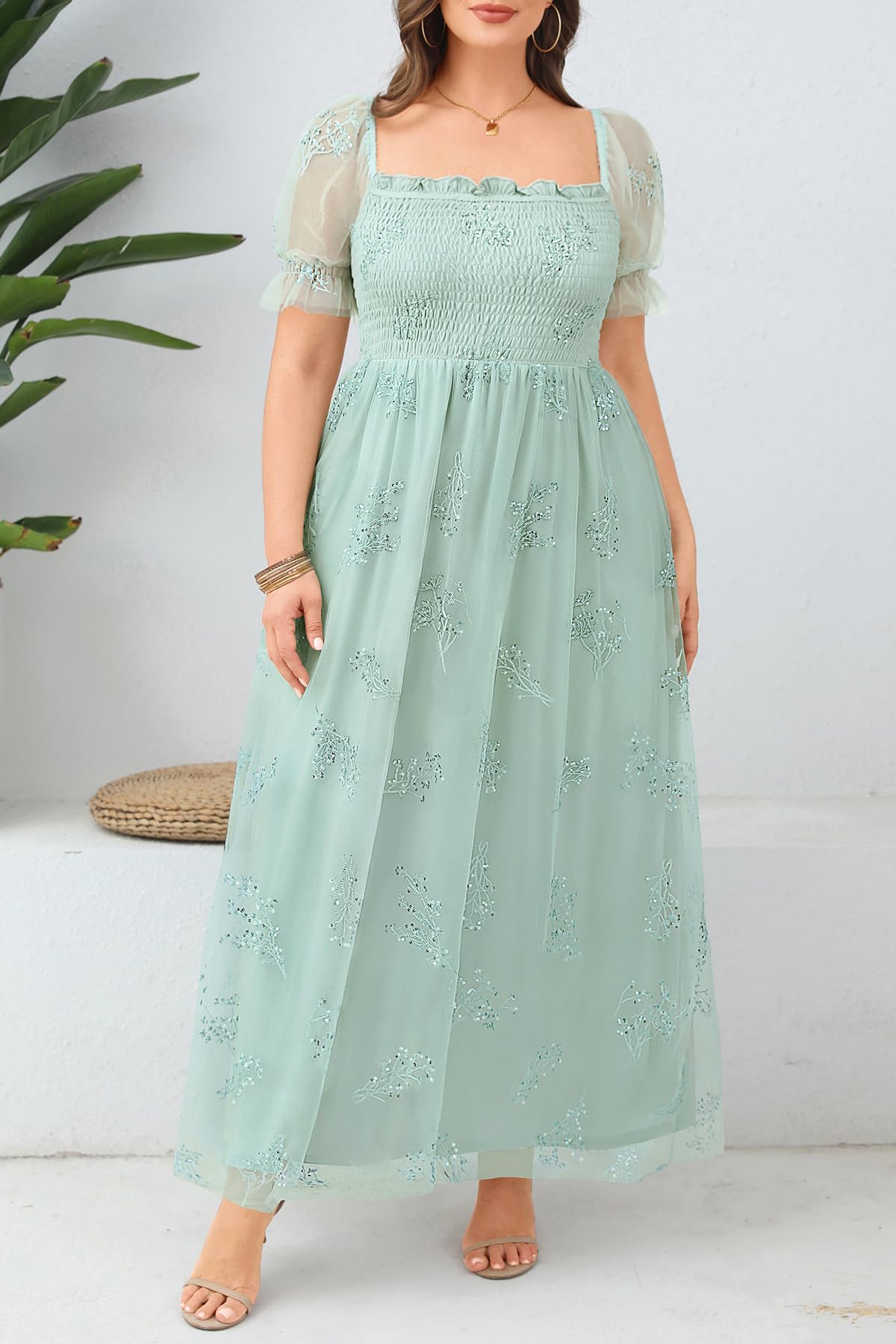 Plus Size Formal Dresses - Bridesmaid Leaf Embroidery with Sequin Tulle Prom Long Dress