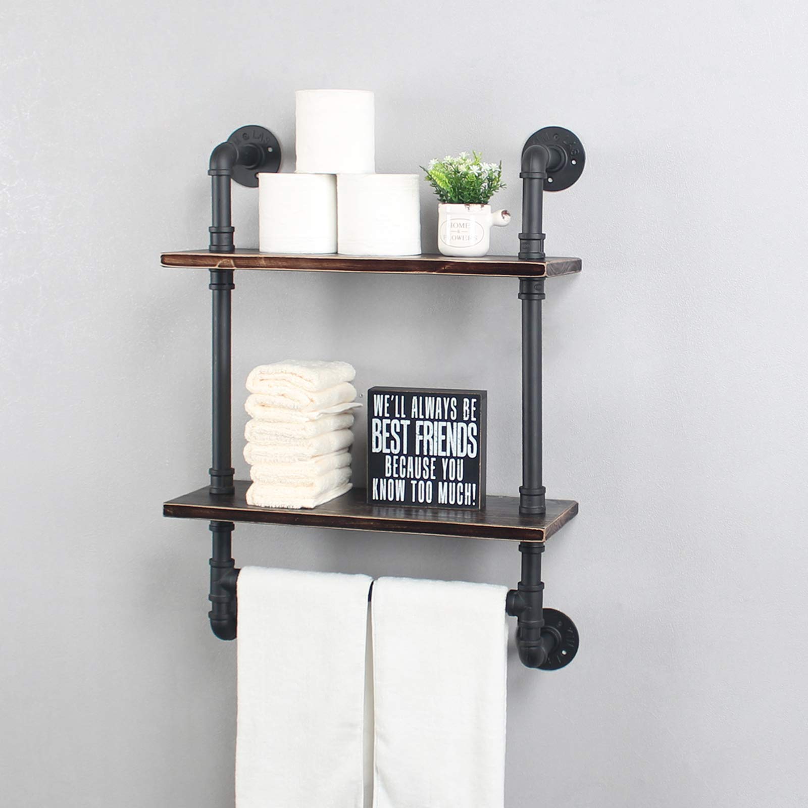 MBQQ Industrial Pipe Shelf Bathroom Shelves Wall Mounted,19.6in Rustic Wood Shelf with Towel Bar,1 Tier Farmhouse Towel Rack,Pipe Shelving Floating Shelves Towel Holder,Black & White
