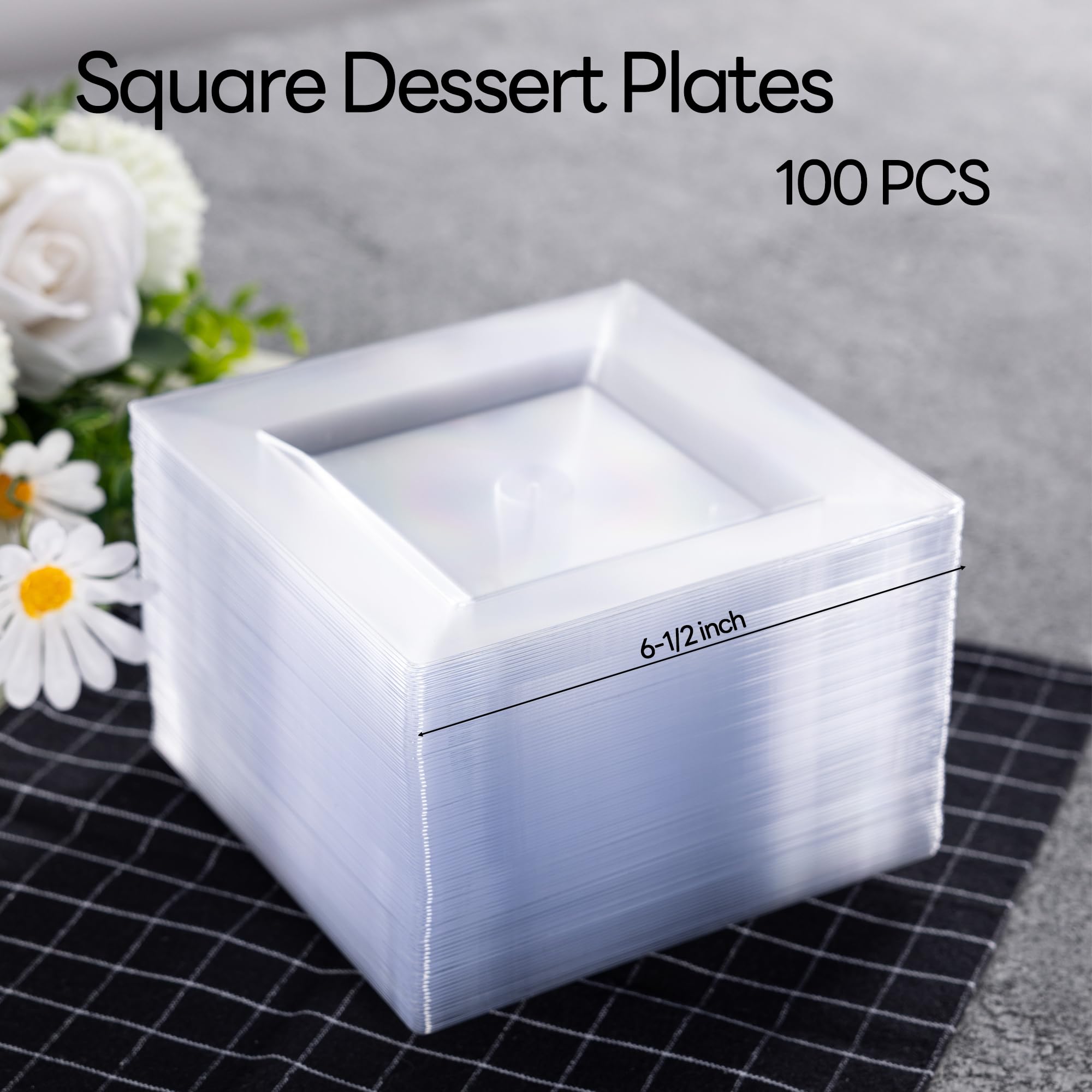 100 Pack Black Plastic Square Dessert Plates, 6.5" Disposable Salad Plates Heavy Duty Plates for Party, Wedding, Christmas, Easter
