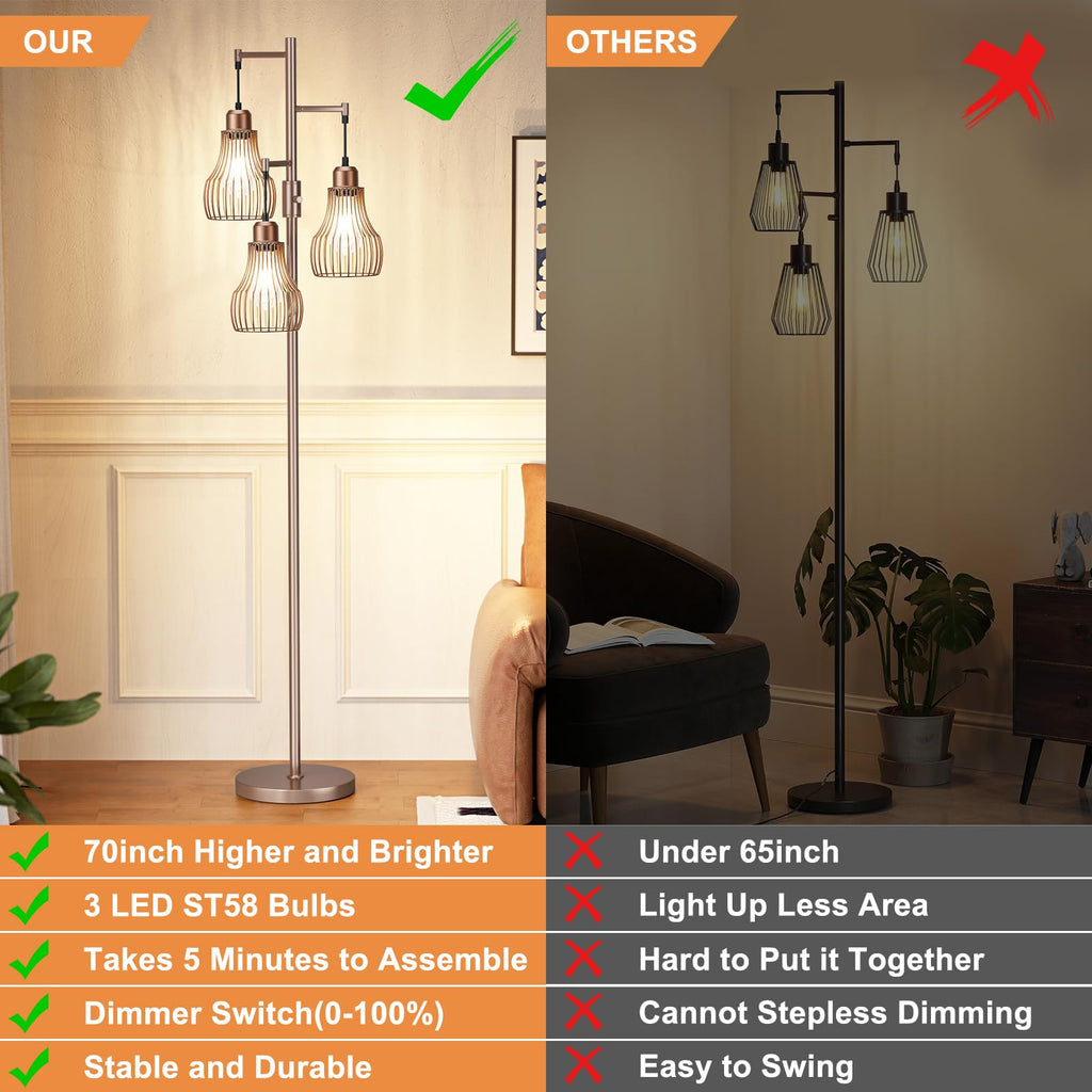 Ziisee Dimmable Floor Lamps for Living Room, Industrial Tree Standing Tall Lamps with 3 Elegant Cage Shade & 800 Lumens LED Bulbs for Bedroom Office - Brown