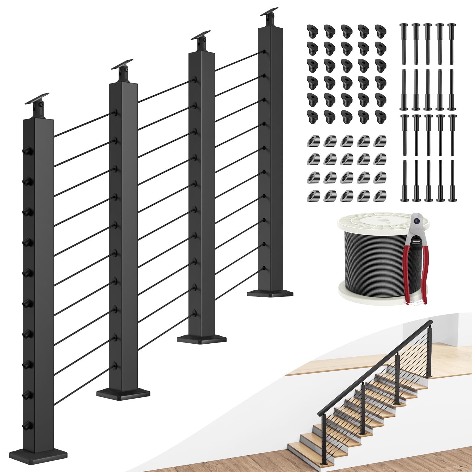 BLIKA 36" Cable Railing Corner Post, 304 Stainless Steel, 2-Side Drilled Adjustable Top Corner Post, Surface Mount Matte Black Cable Railing System Corner Post