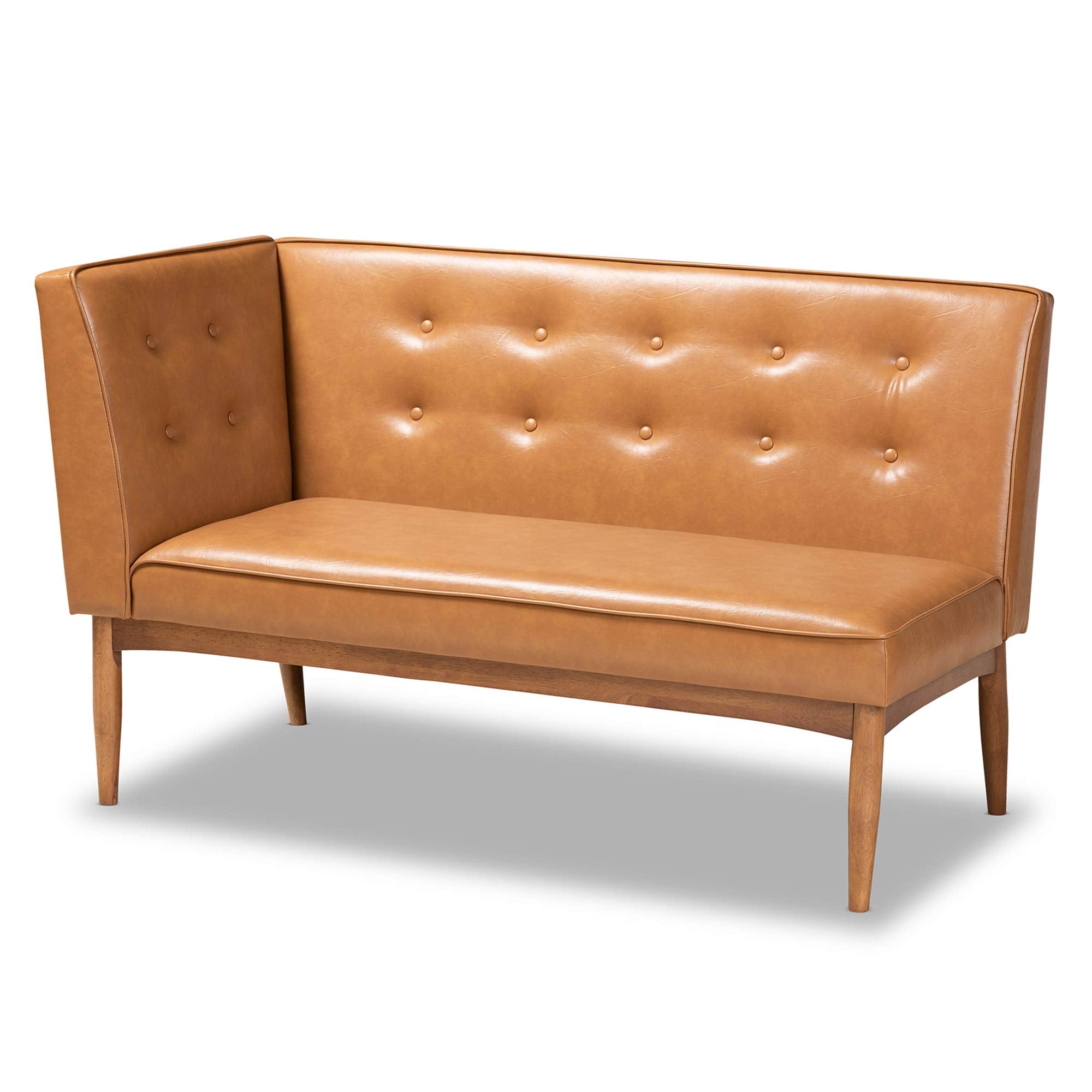 Baxton Studio Arvid Mid-Century Modern Dark Brown Faux Leather Upholstered 2-Piece Wood Dining Corner Sofa Bench
