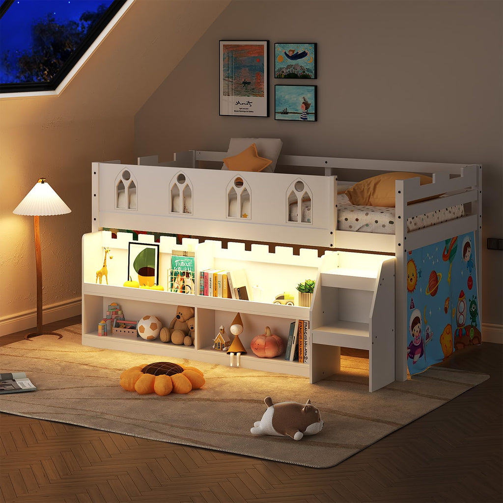 JOYMOR Low Loft Bed Twin Size with LED Lights, 4 Storage Shelves, Removable Curtain, Kids Wood Loft Bed with 15" H Safety Guardrail, Spave Saving, Mattress Not Included (Gray)