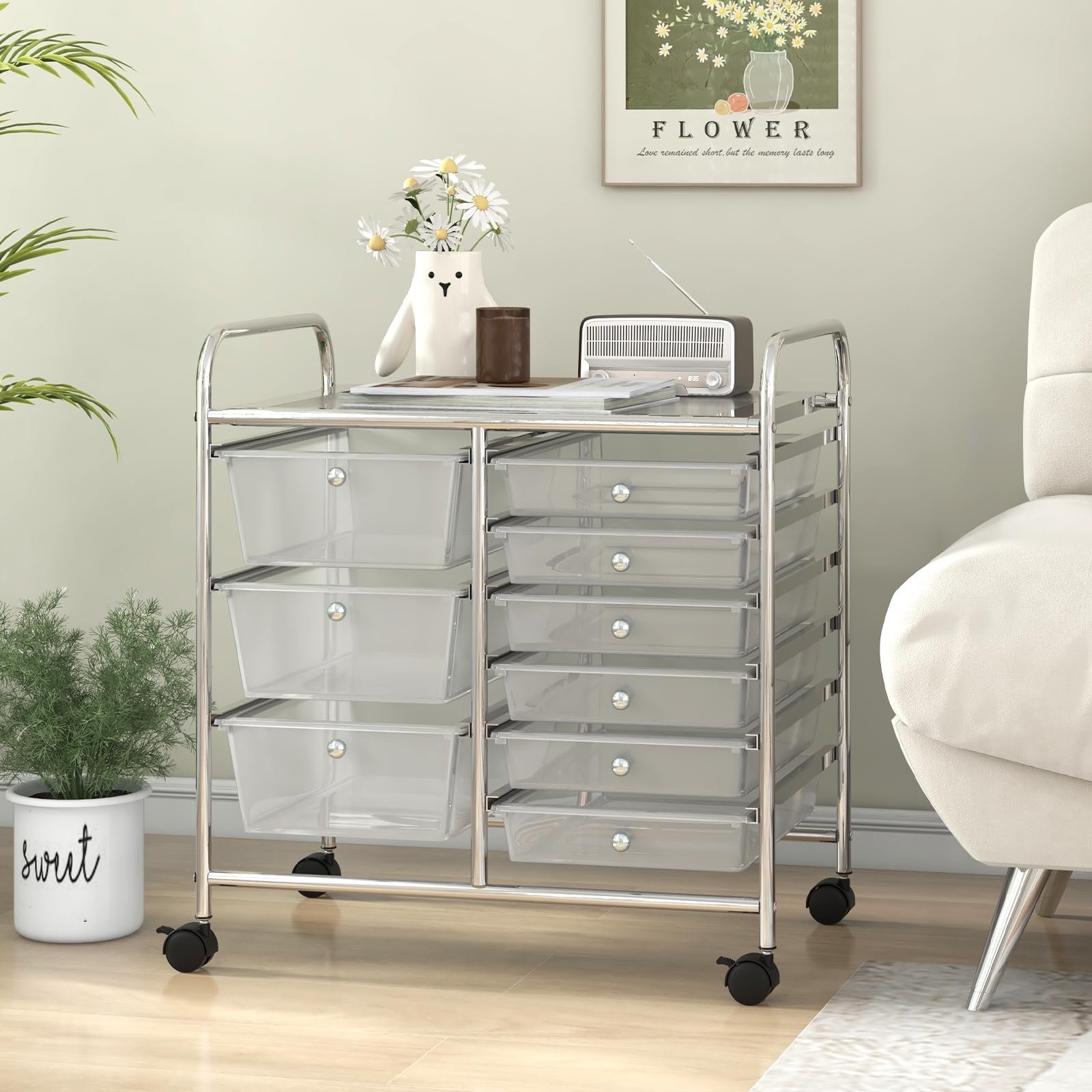 LDAILY 9 Drawer Rolling Storage Cart, Rolling Cart with Drawers for Classroom, Art Supply Craft Organizer on Wheel with Metal Frame & Handles for Home Office School