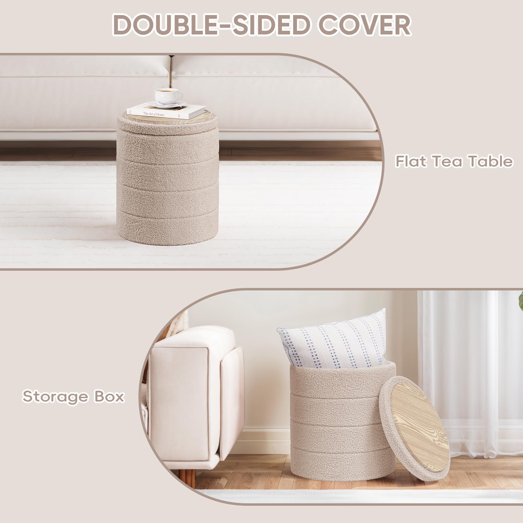 PINPLUS Round Storage Ottoman Foot Rest Stool with Tray Velvet Sherpa Folding Storage Ottoman,Boucle Foot Rest for Living Room, Bedroom, Dorm（Beige）