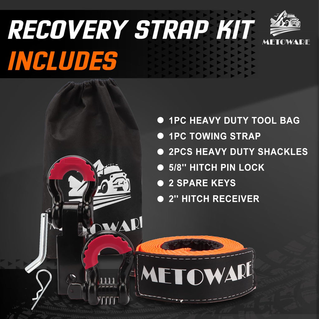 METOWARE Recovery Tow Strap Kit 3" x 20ft, Heavy Duty Recovery Strap 35,000lbs Break Strength with 3/4" D Ring Shackles(2pcs) & Storage Bag, Emergency Off Road Towing Rope for SUV, UTV, ATV, Truck