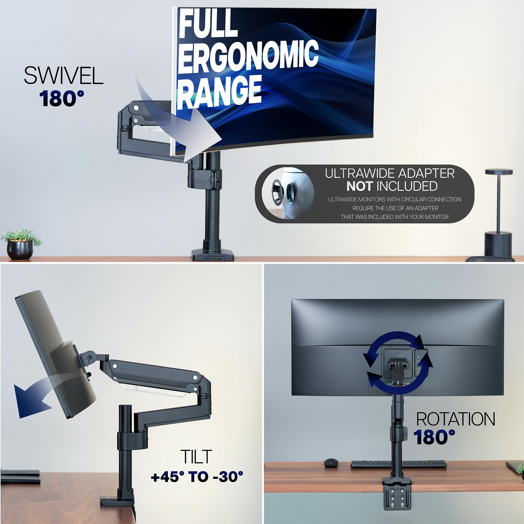 VIVO Premium Aluminum Tall Extended Monitor Arm for Ultrawide Monitors up to 49 inches and 33 lbs, Single Desk Mount Stand, Pneumatic Height Adjusting, Max VESA 100x100, Black, STAND-V101GT
