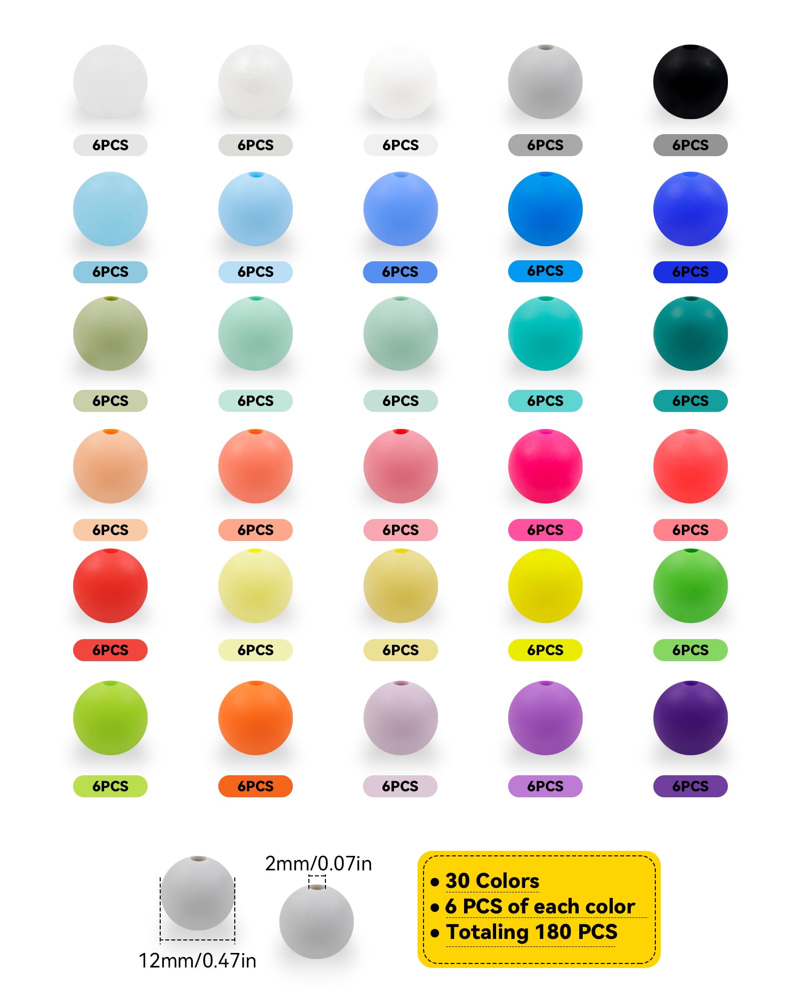 180PCS FIVEIZERO Silicone Beads – 30 Colors 12mm Round Rubber Beads Bulk for DIY Crafts, Keychain Accessories & Jewelry Making | Soft Silicone, Seamless Finish, Easy to String, Fade Resistant, Durable for Daily Use