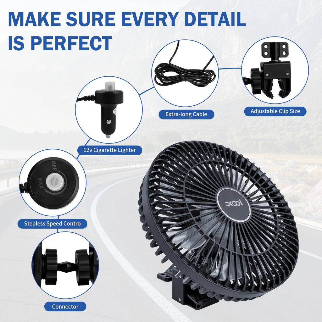 XOOL Clip Car Fan, 9 Inches 12V/24V Fan, 360° Rotatable Electric Cooling Clip on Fan with Stepless Speed Regulation for SUV, RV, Truck
