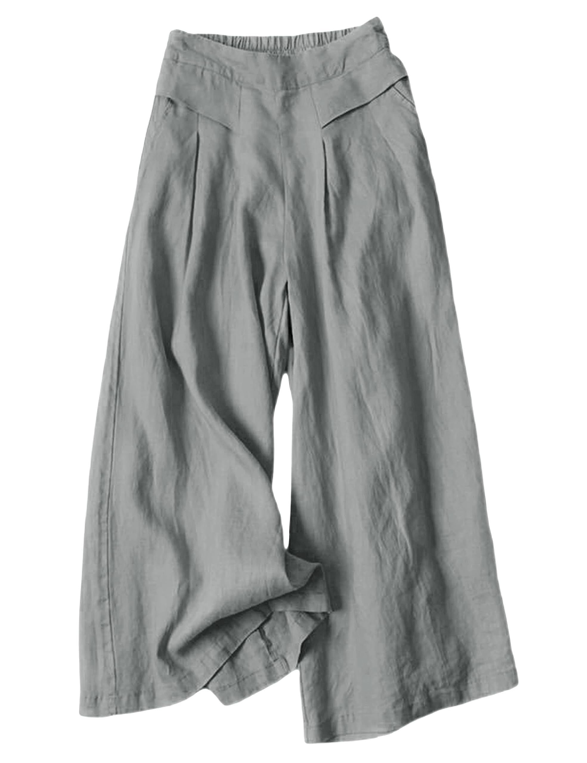 Bianstore Women's Culottes Linen Cropped Wide Leg Pants Elastic Waist Casual Palazzo Trousers with Pockets