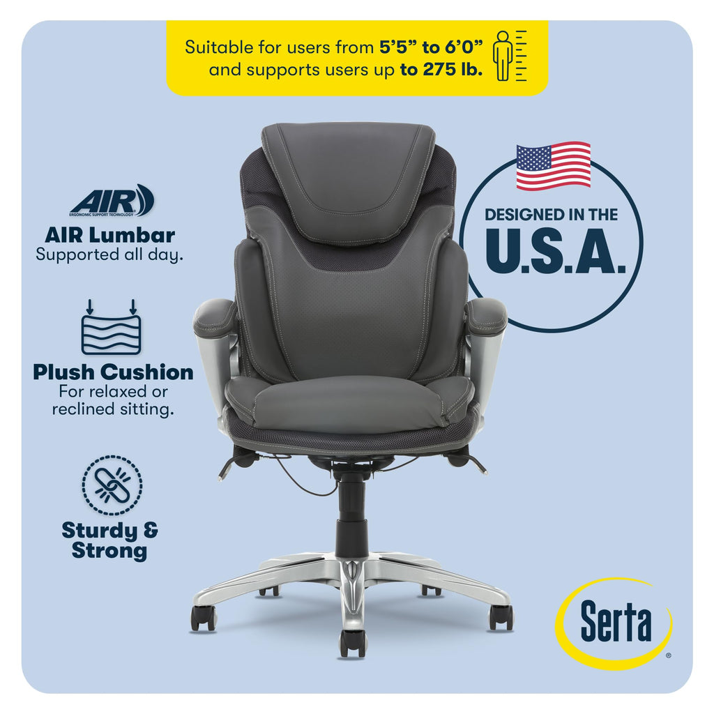 Serta Bryce Executive Office Chair - Ergonomic Computer DeskChair with Lumbar Technology - Adjustable Height - Memory Foam Body Pillows - 360° Swivel Rolling Base - Bonded Leather - Black