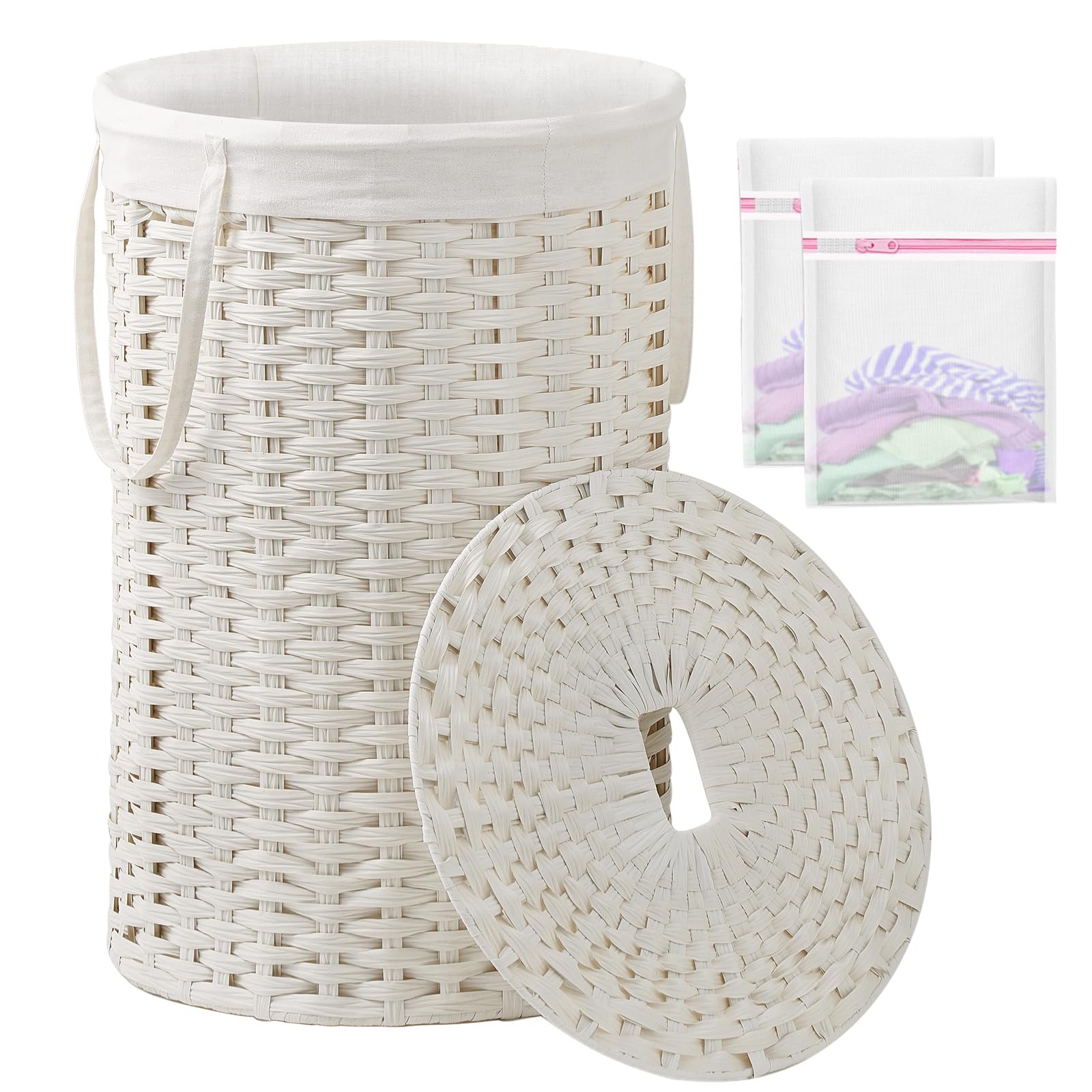 SETVSON Laundry Hamper with Lid Laundry Basket with Lid 19.0 Gal (72 L) Round Wicker Laundry Basket Handwoven Rattan Basket with Lid Removable Bag 2 Mesh Bags Handles for Living Room Bathroom Black