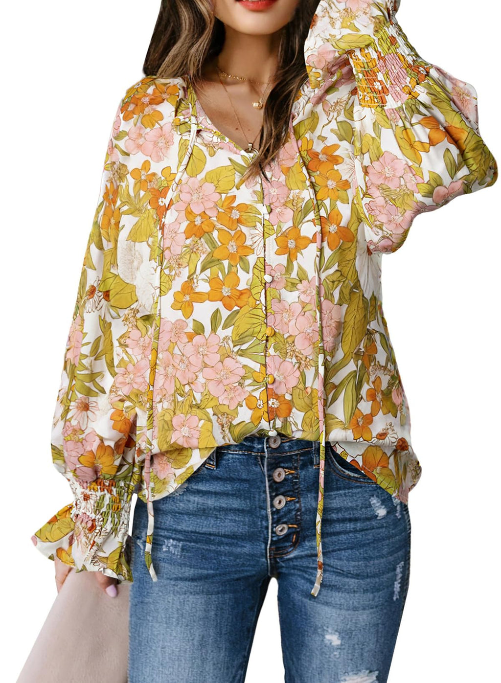 Biucly Women's Casual Boho Floral Print V Neck Long Sleeve Drawstring Tops Loose Blouses Button Down Shirts