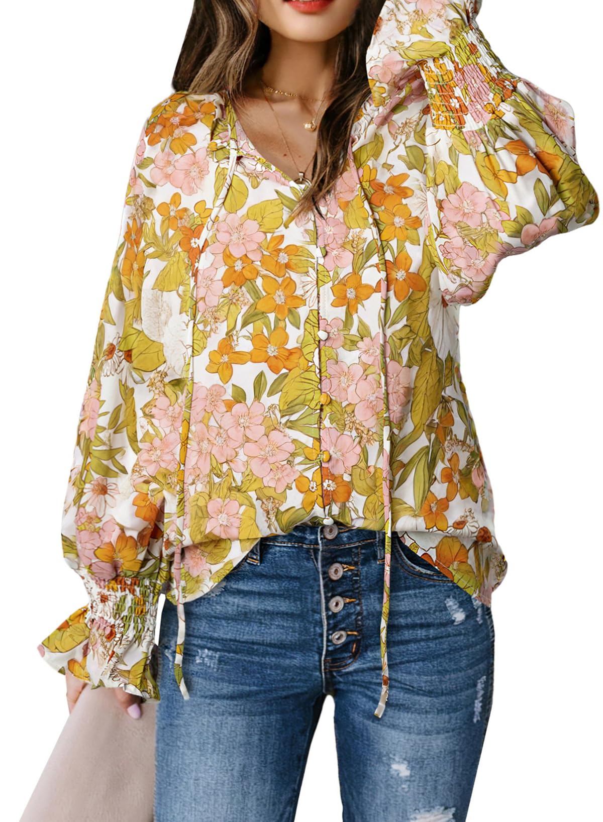 Biucly Women's Casual Boho Floral Print V Neck Long Sleeve Drawstring Tops Loose Blouses Button Down Shirts