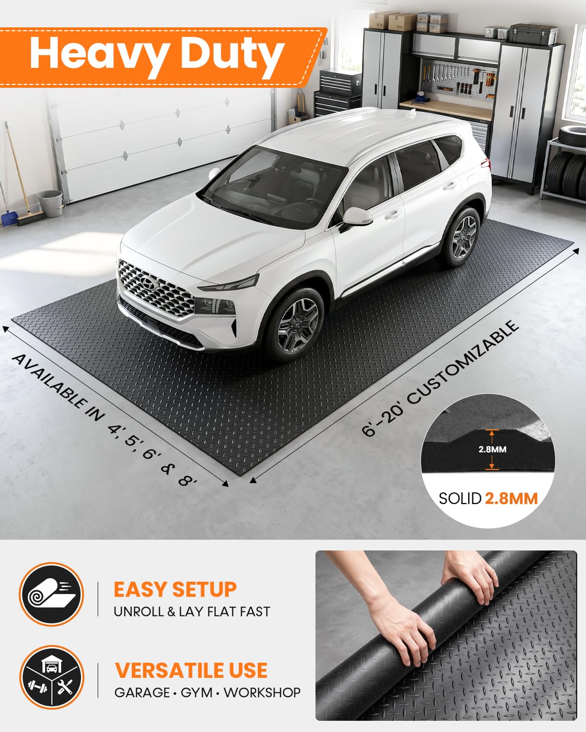 SEAL 5 x 8 FT Premium Garage Floor Mat, Solid 2.8mm Thick Lay-Flat Black Commercial Grade Heavy Duty Parking Mat for Golf Cart, Workbench, ATV, Water/Stain Resistant Runner (Embossed Coin Grip)