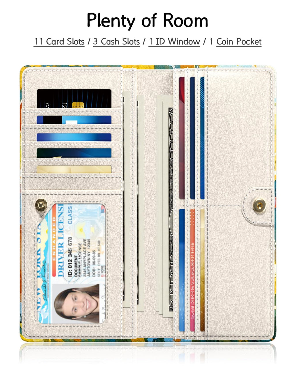 Nipichsha Womens Wallet, RFID Slim Wallets for Women, Thin Ladies Credit Card Holder Purse, Cute Leather Bifold Clutch Billfold with 11 Card Slots & ID Window, Abstract Boho Leaf