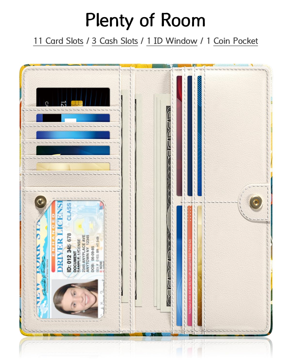 Nipichsha Womens Wallet, RFID Slim Wallets for Women, Thin Ladies Credit Card Holder Purse, Cute Leather Bifold Clutch Billfold with 11 Card Slots & ID Window, Abstract Boho Leaf