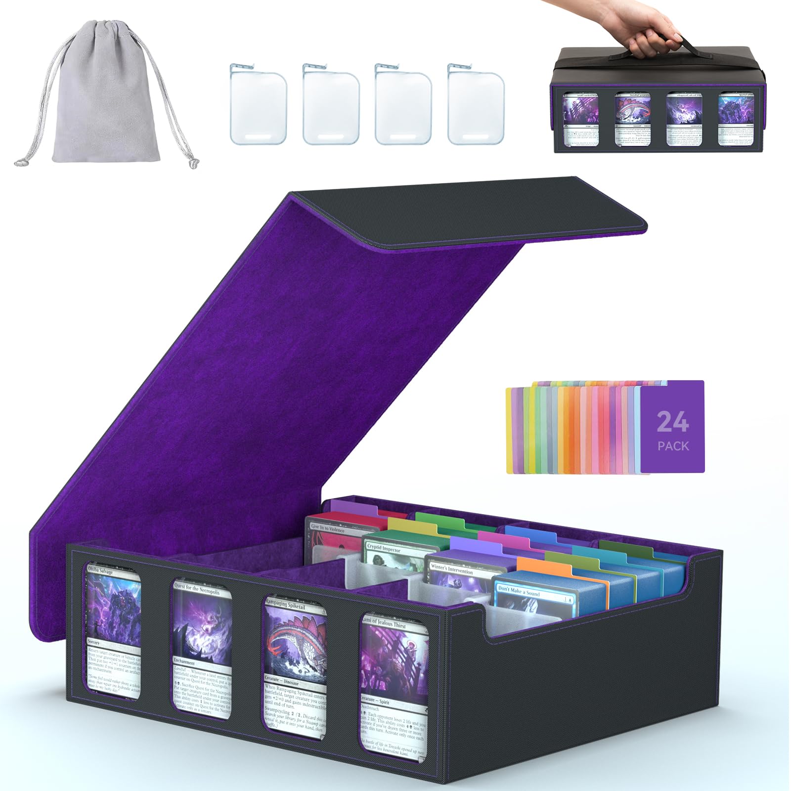 3-Row Trading Card Storage Box, Bulk Cards Case for 2400+ Mtg tcg Magic Playing Game Card Organizer, Commander Deck Box with 3 Supports & 24 Dividers