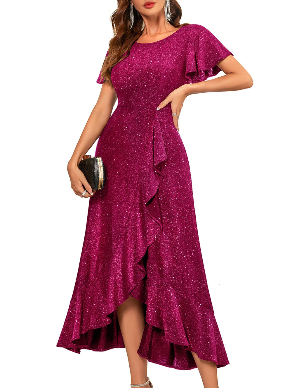 BeryLove Women Sequin Formal Party Dress Flutter Short Sleeve Wedding Cocktail Long Evening Dress