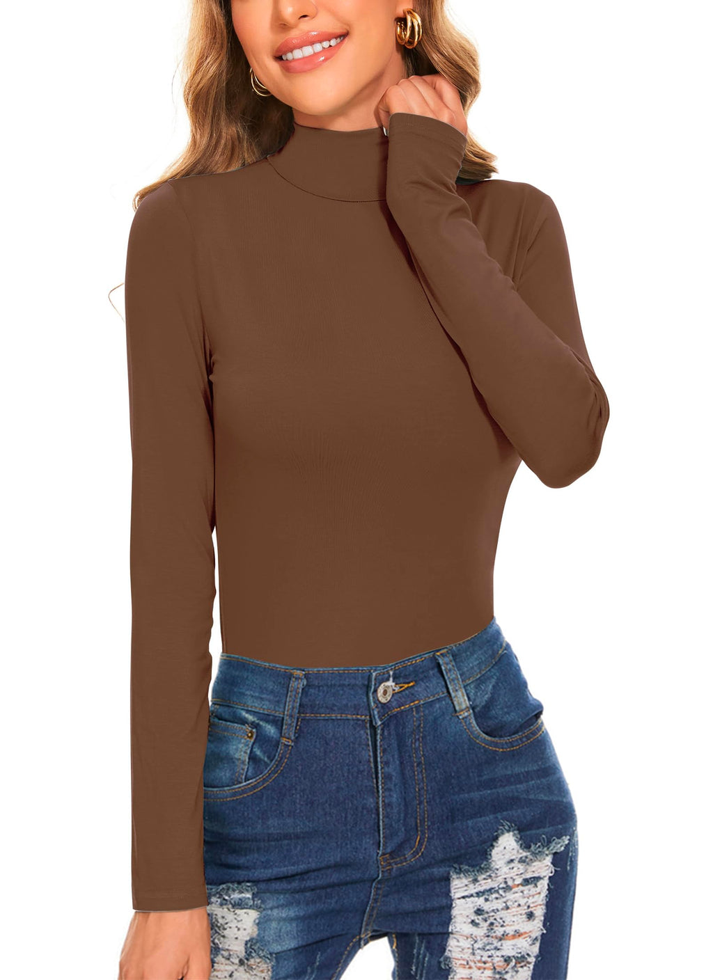 Women's Long Sleeve Mock Turtleneck Tops Casual Slim Fitted Lightweight Under Layer Pullover Shirts